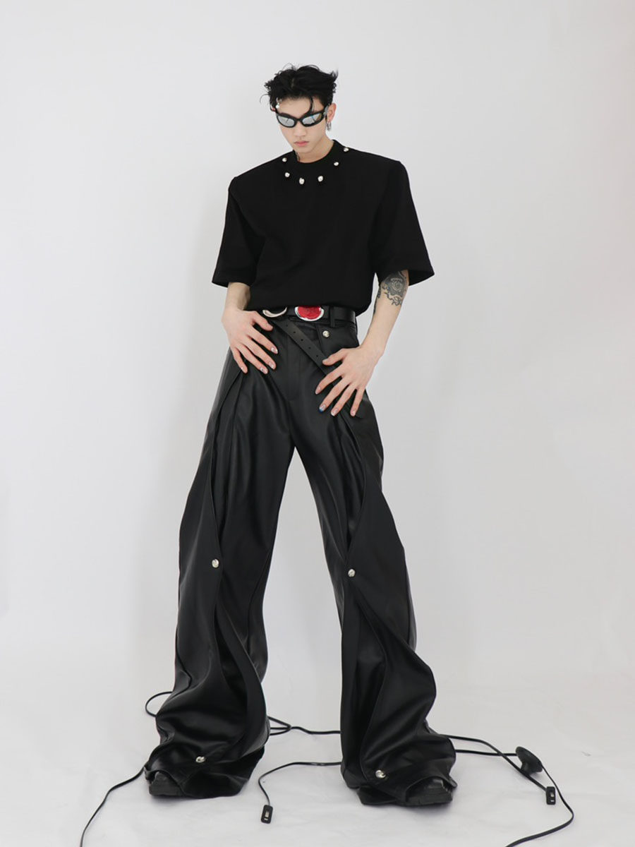 Metallic Bead Embellished Shoulder-Padded Short Sleeve Tee