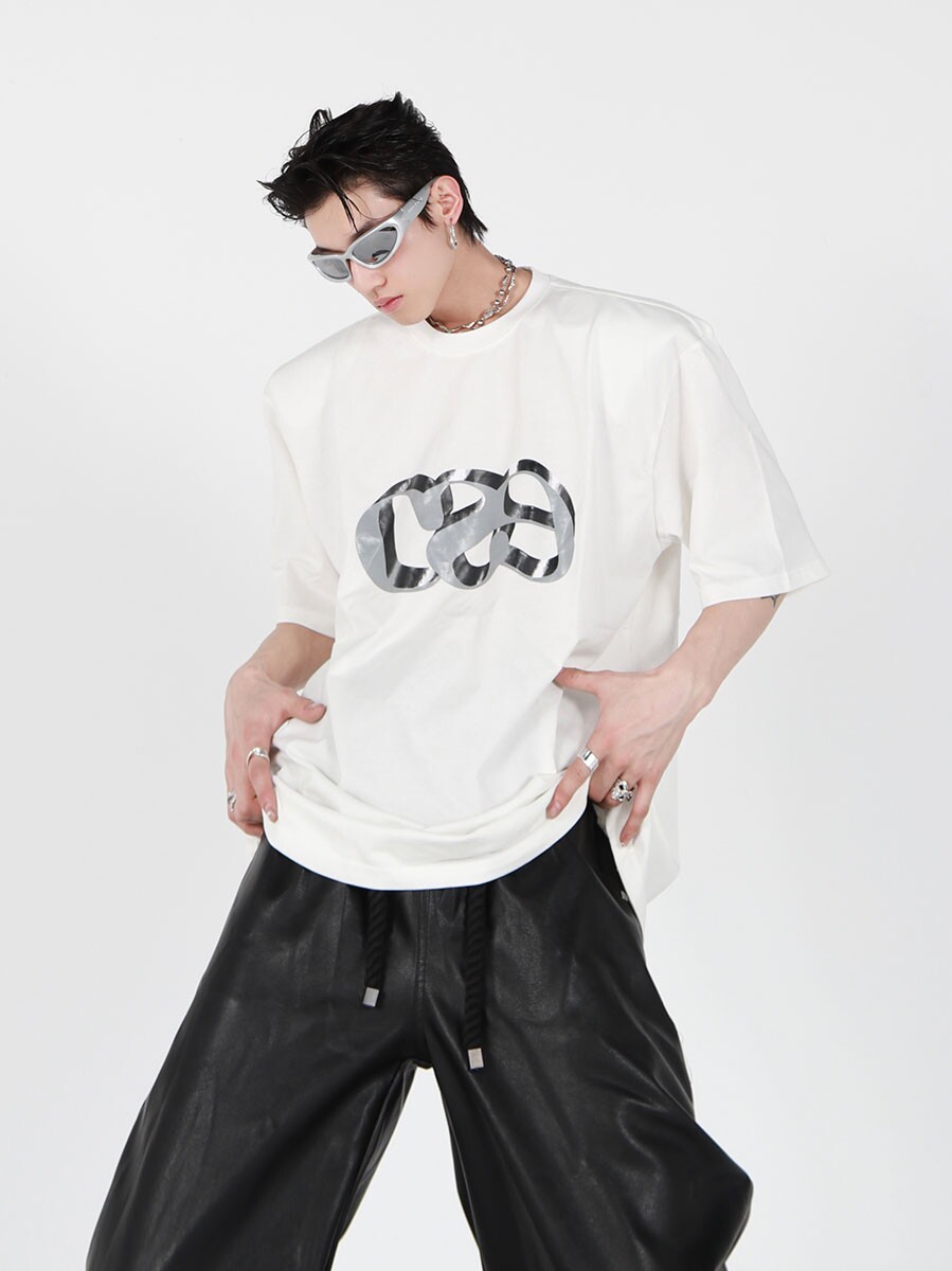 Metallic Letter Print Shoulder-Padded Tee
