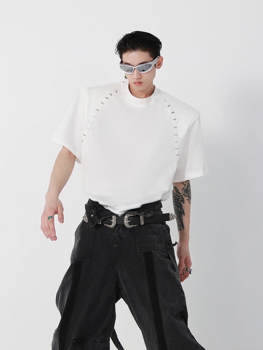 Metallic Bead-Trimmed Shoulder-Padded Short Sleeve