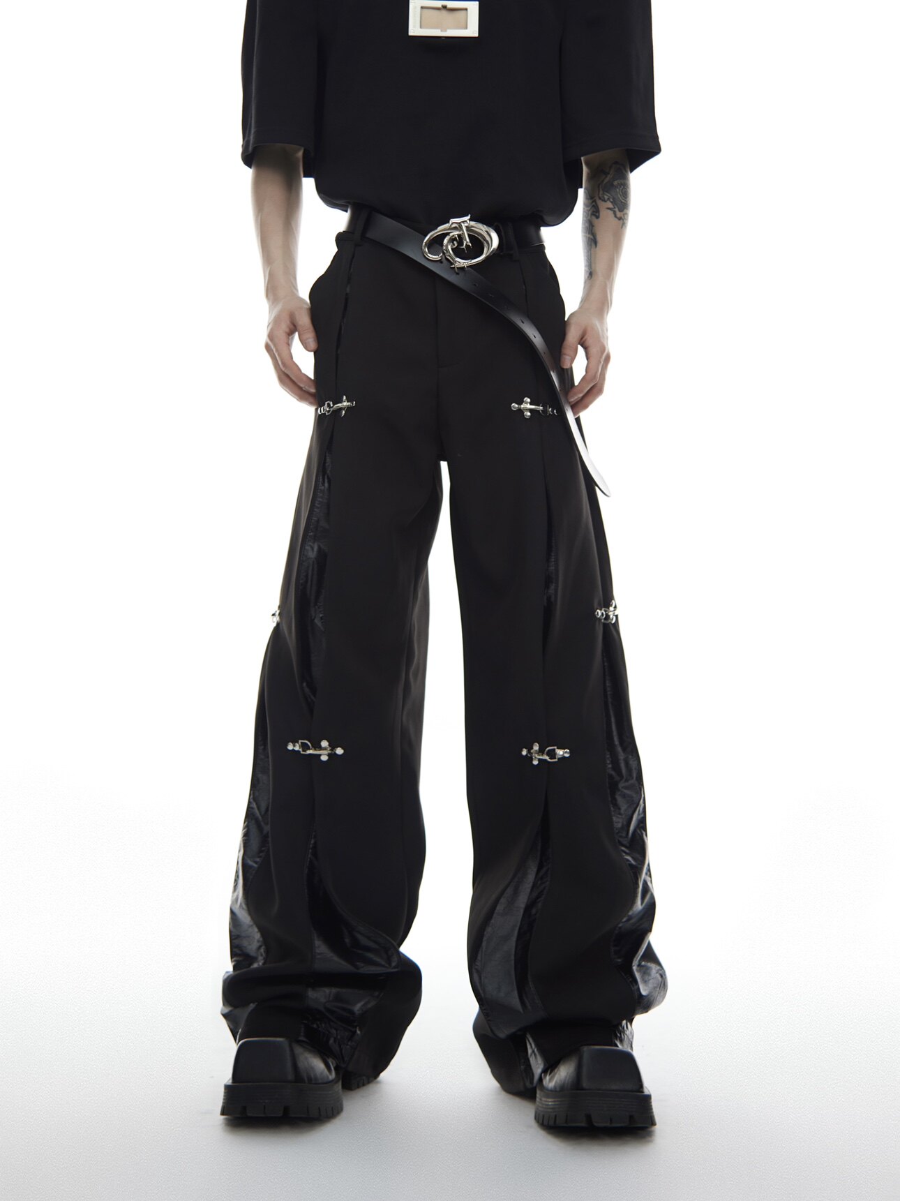  Leather-Paneled Airplane Buckle Casual Straight Pants