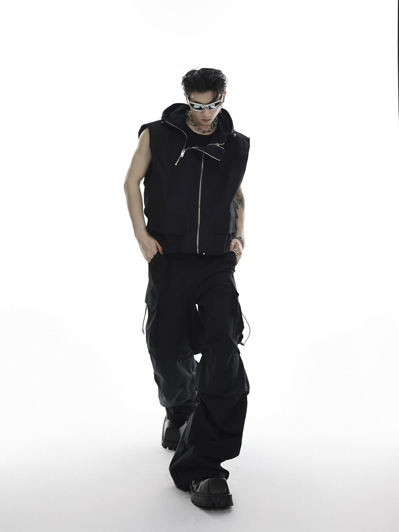Hooded Tank Top Cargo Jumpsuit Set