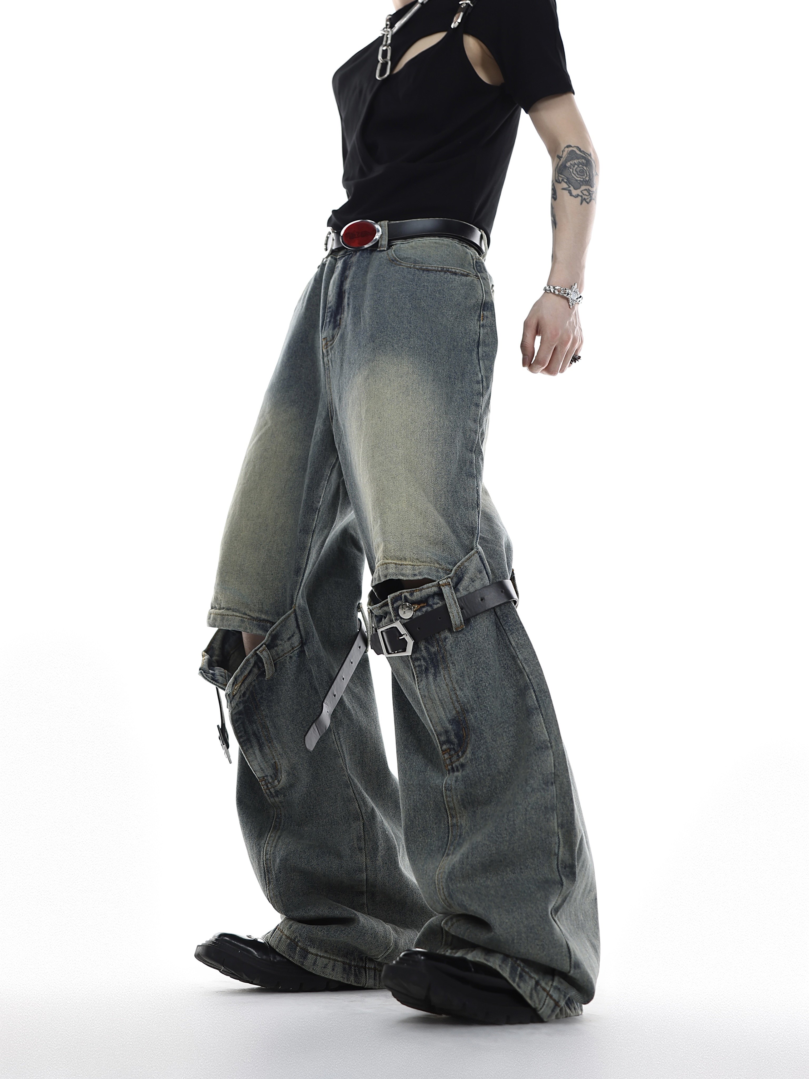 Hollow-Out Cutout Washed Distressed Jeans