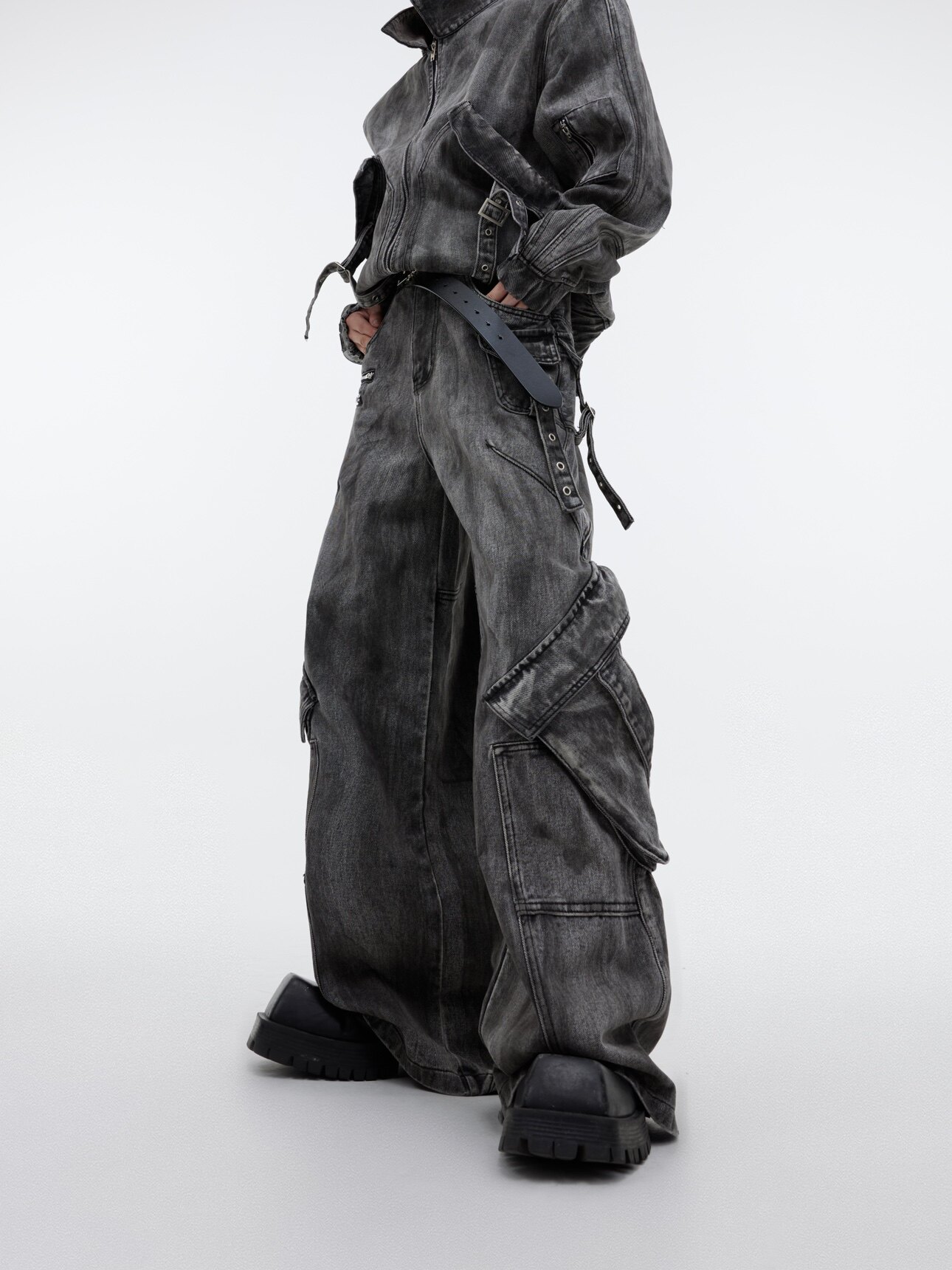 Vintage Washed Distressed Zip-Pocket Denim Jacket & Pants Set  