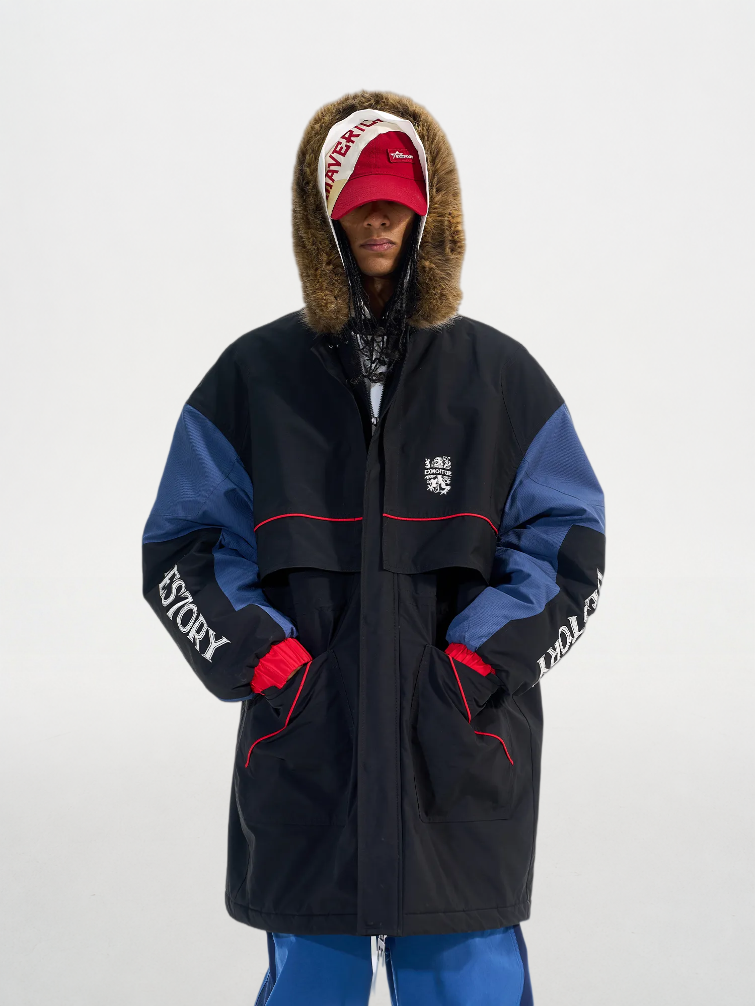 Removable Fur-Trim Color-Block Embroidered Long Parka