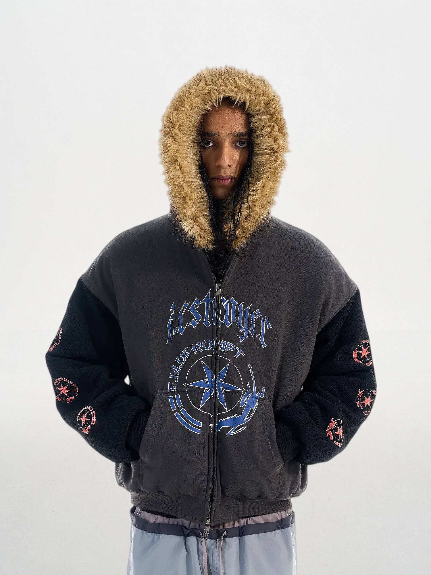 Detachable Fur Trim Color-Block Hoodie Puffer Jacket