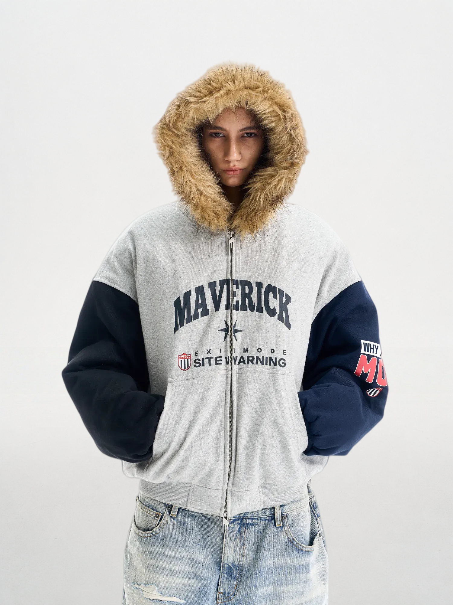 Color-Block Fur-Trim Printed Puffer Jacket