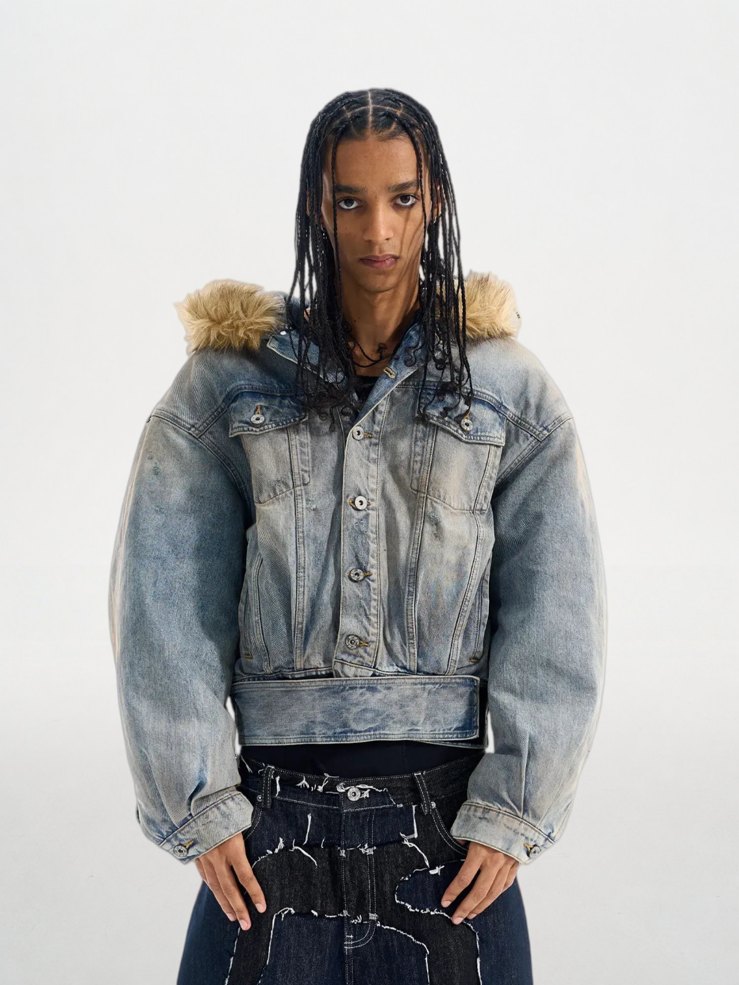 Washed Blue Vintage-Effect Oversized Denim Puffer Jacket