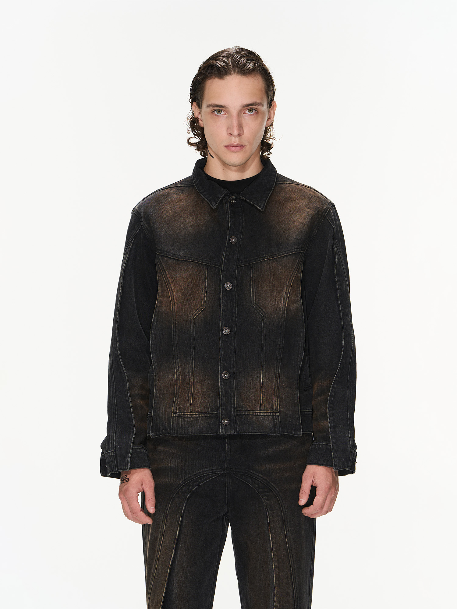 BLINDNOPLAN 23AW 做旧泥染立体飞褊秋季排扣牛仔夹克外套