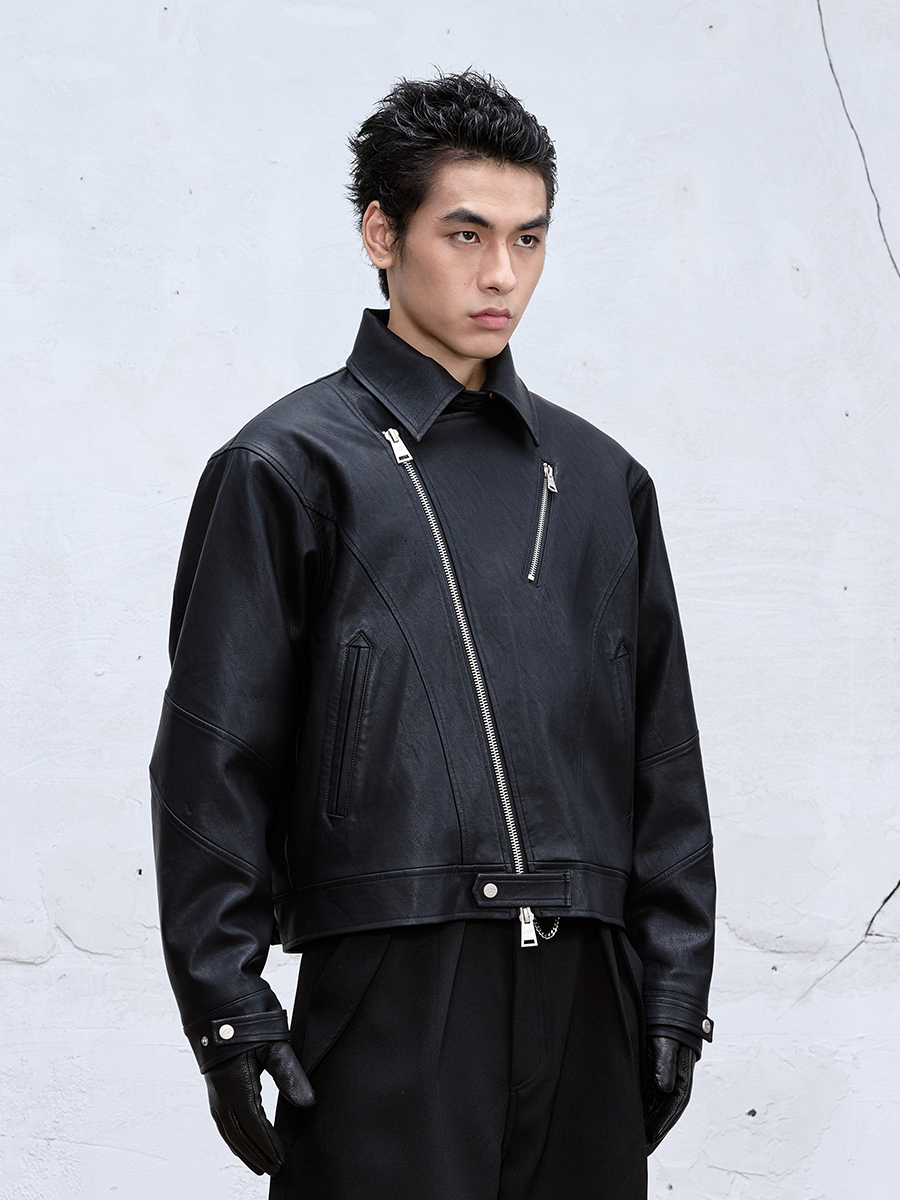 Multi-Form Diagonal-Zip Condor Leather Coat