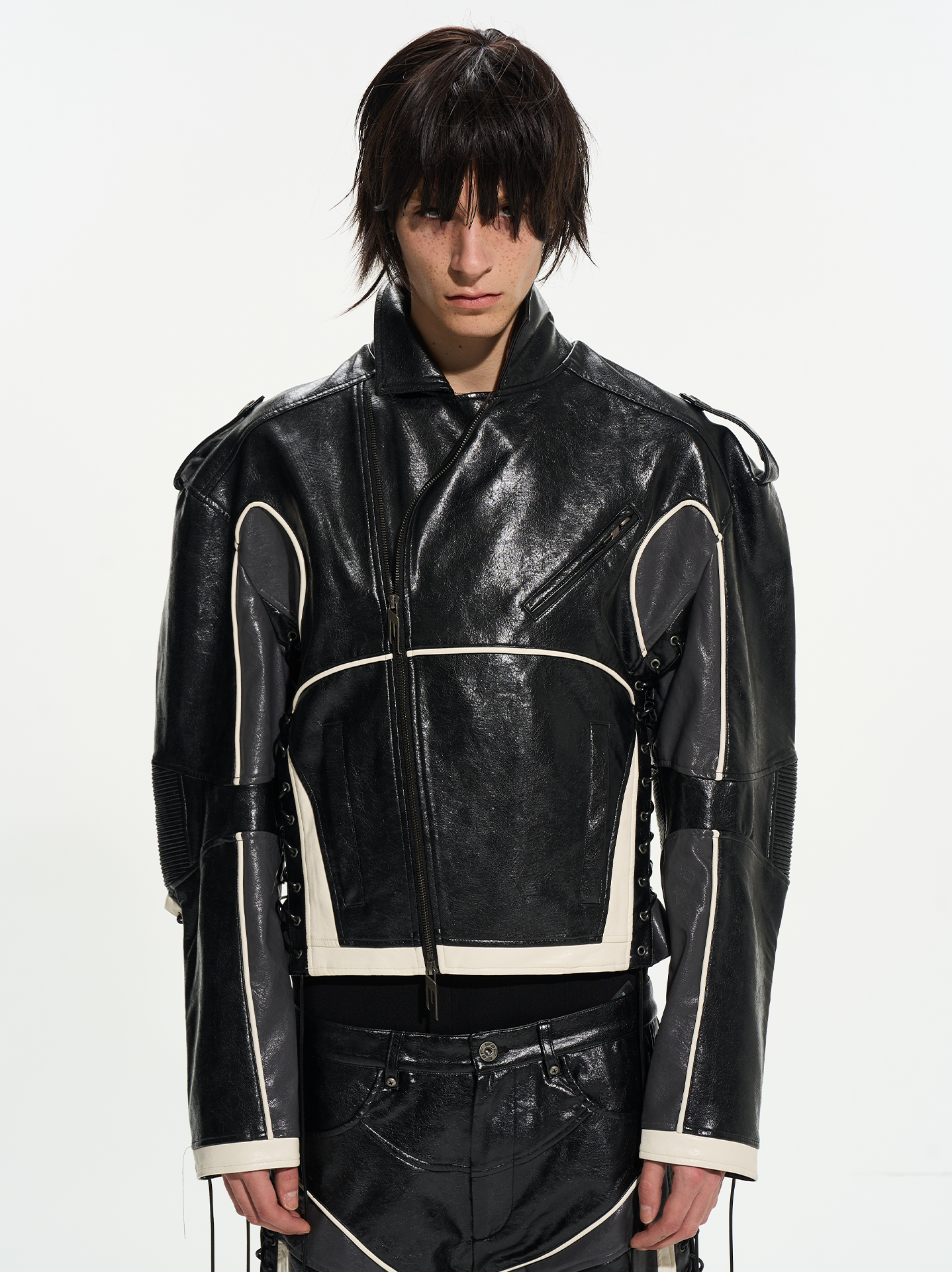 Color-Block Armor Motorcycle Strap Jacket