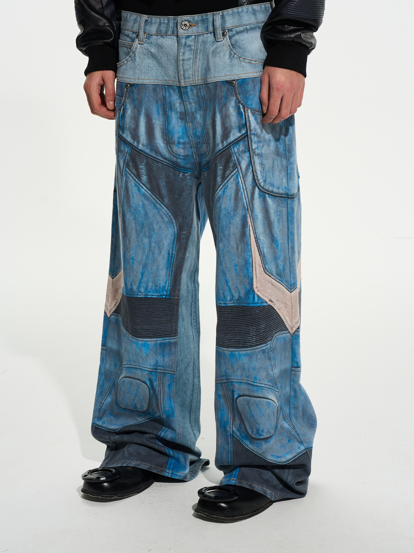 Printed Motorcycle Color-Block Jeans