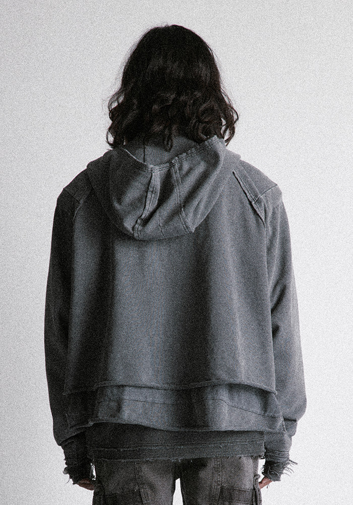 Distressed Deconstructed Cropped V-Neck Hoodie