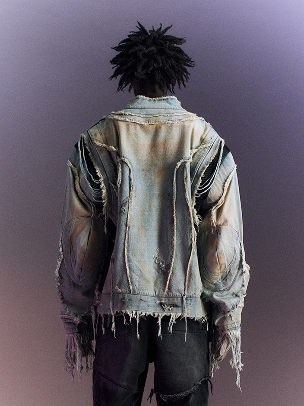 Mud-Dye Destroyed Fringe Motorcycle Denim Jacket