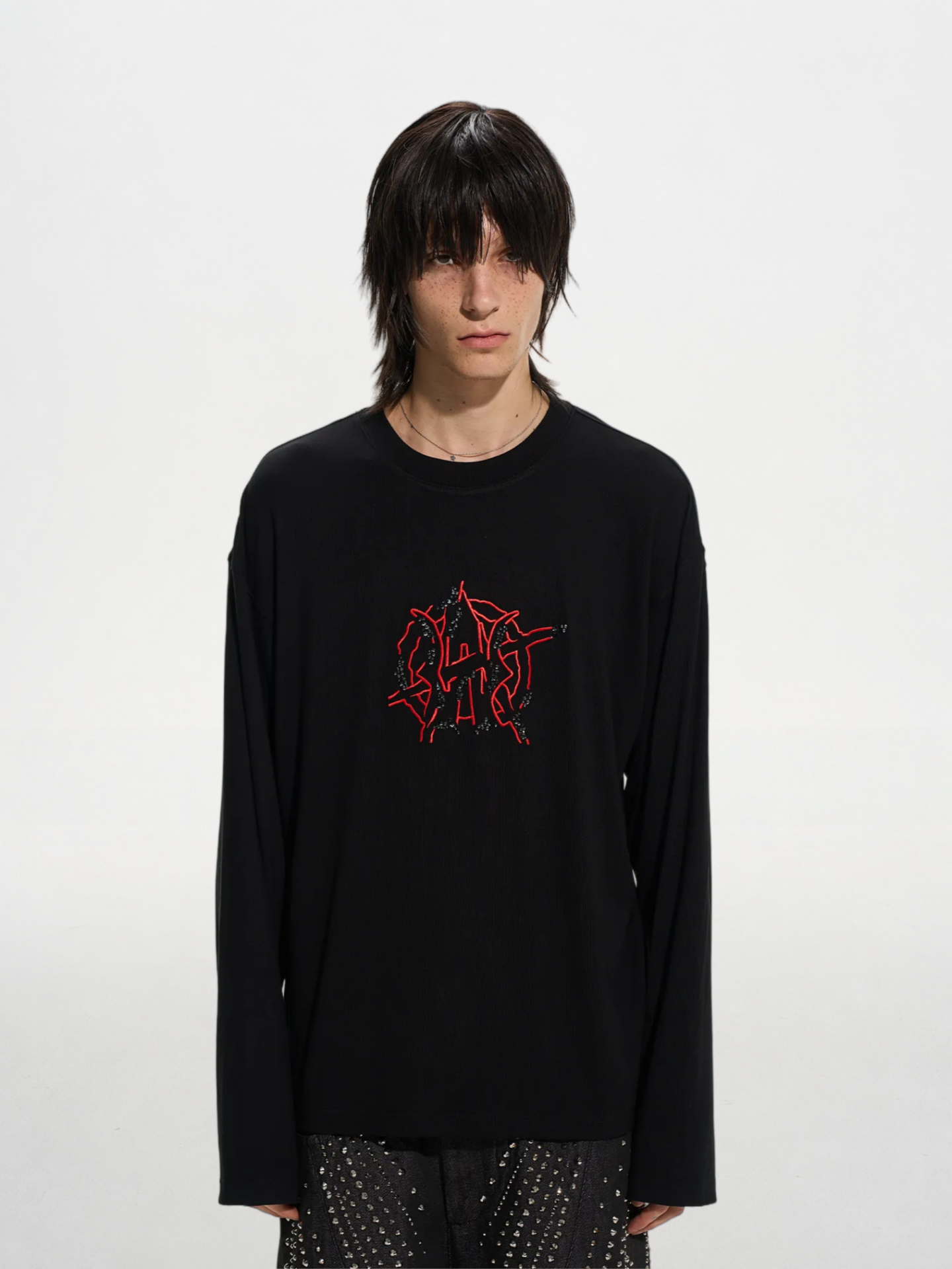 Studded & Embroidered Two-Tone Long Sleeve Top