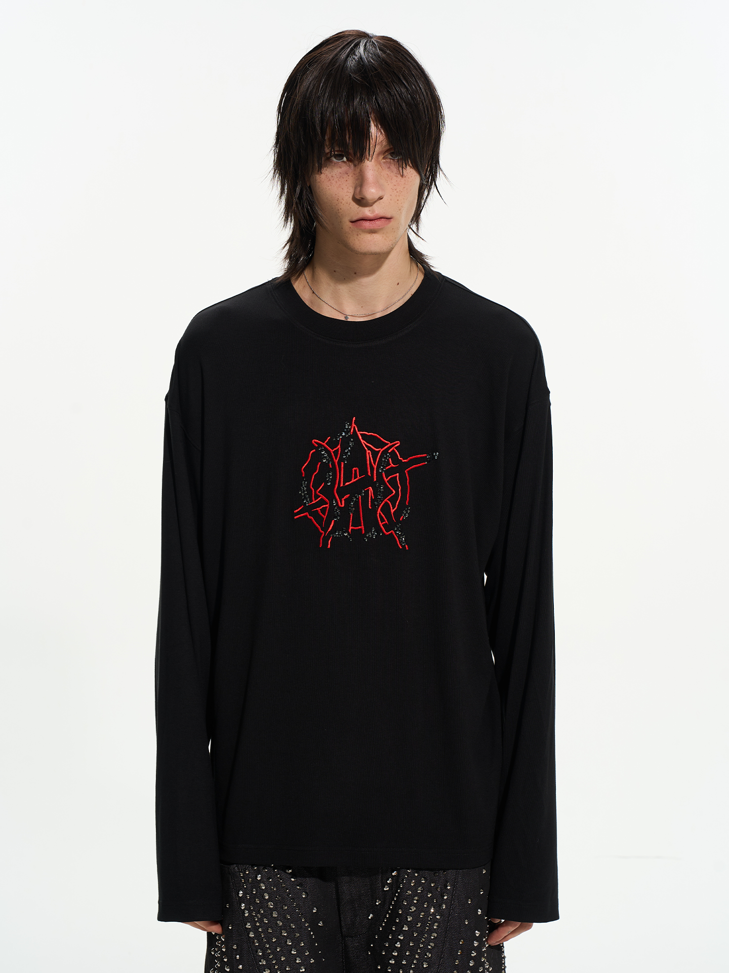 Studded & Embroidered Two-Tone Long Sleeve Top