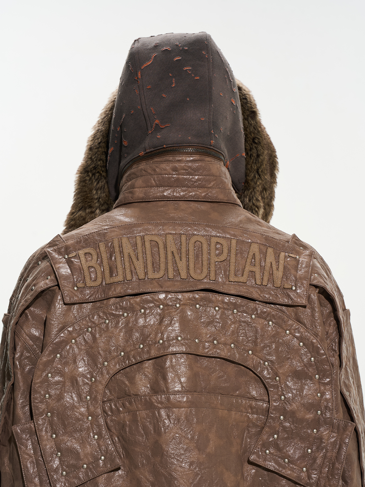 Custom Metal-Studded Detachable Fur Collar Leather Overcoat