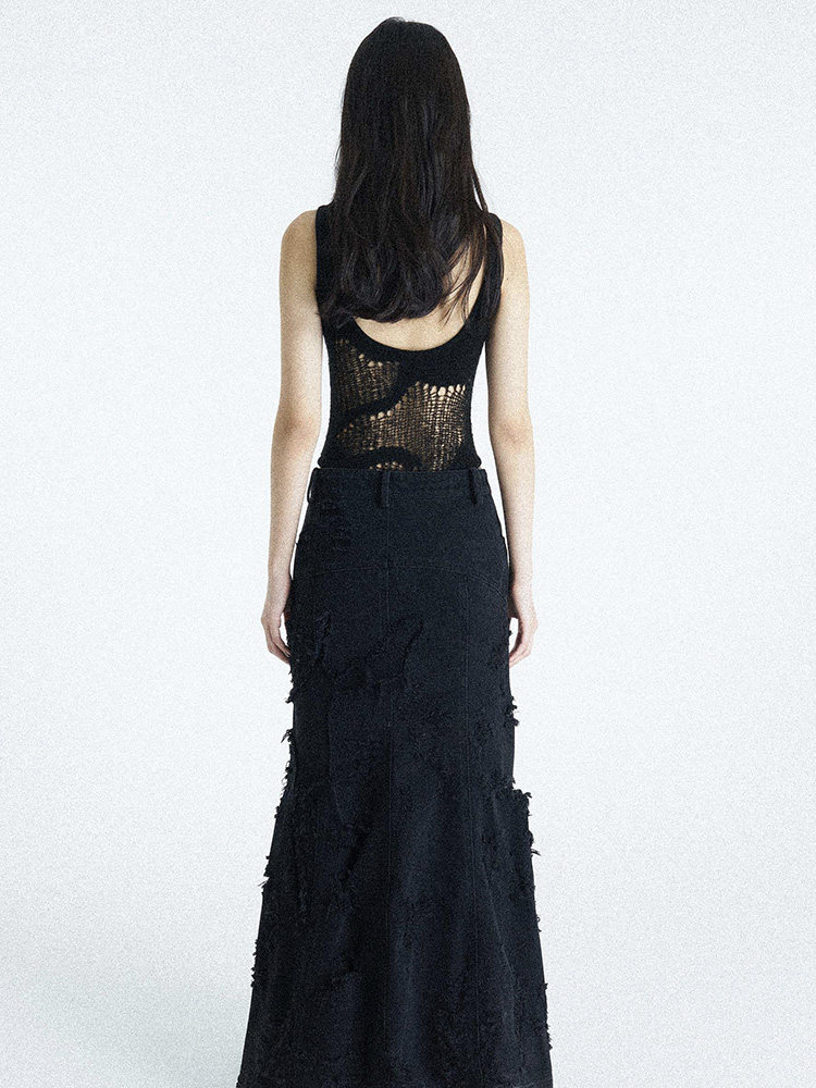 Thorn-Distressed Denim Skirt