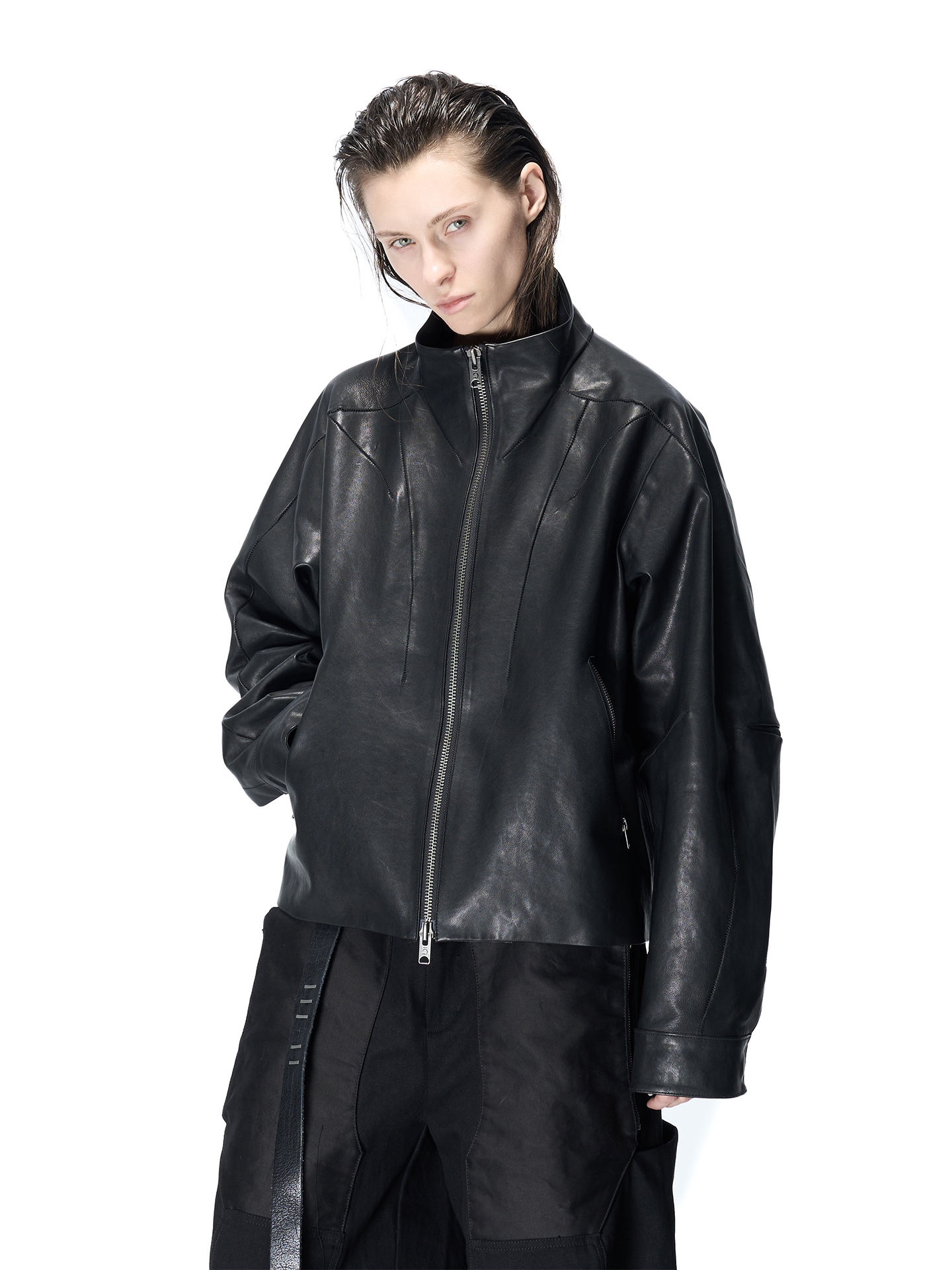 Washable Sheepskin Short Jacket with Horizontal Stitches