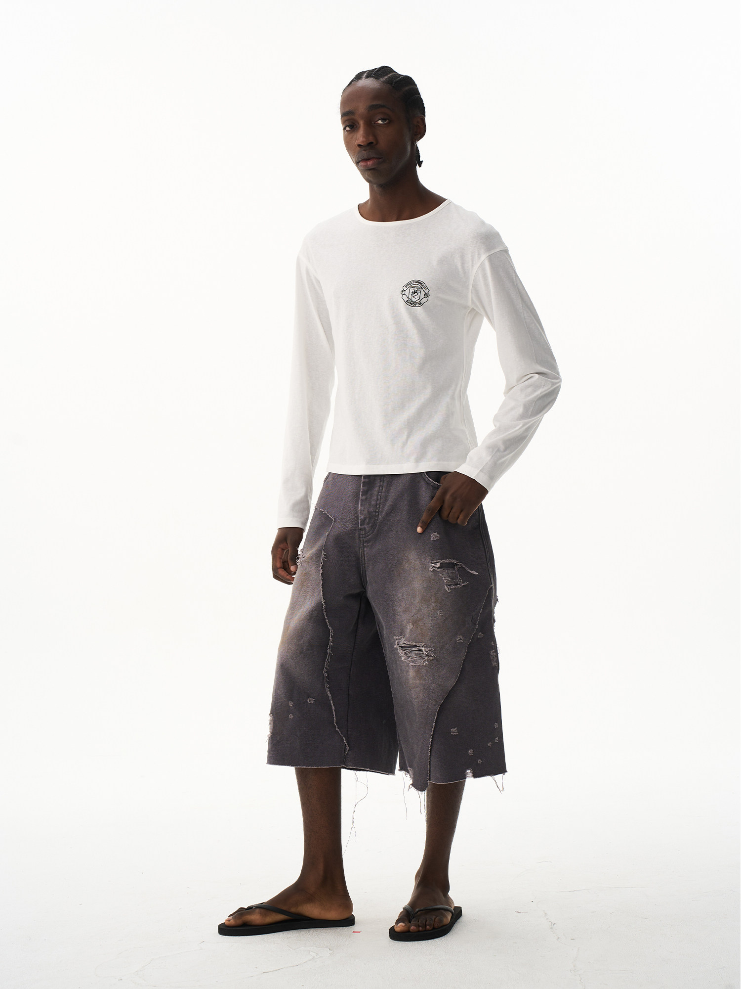 Double-Layer Distressed Washed Grey Shorts