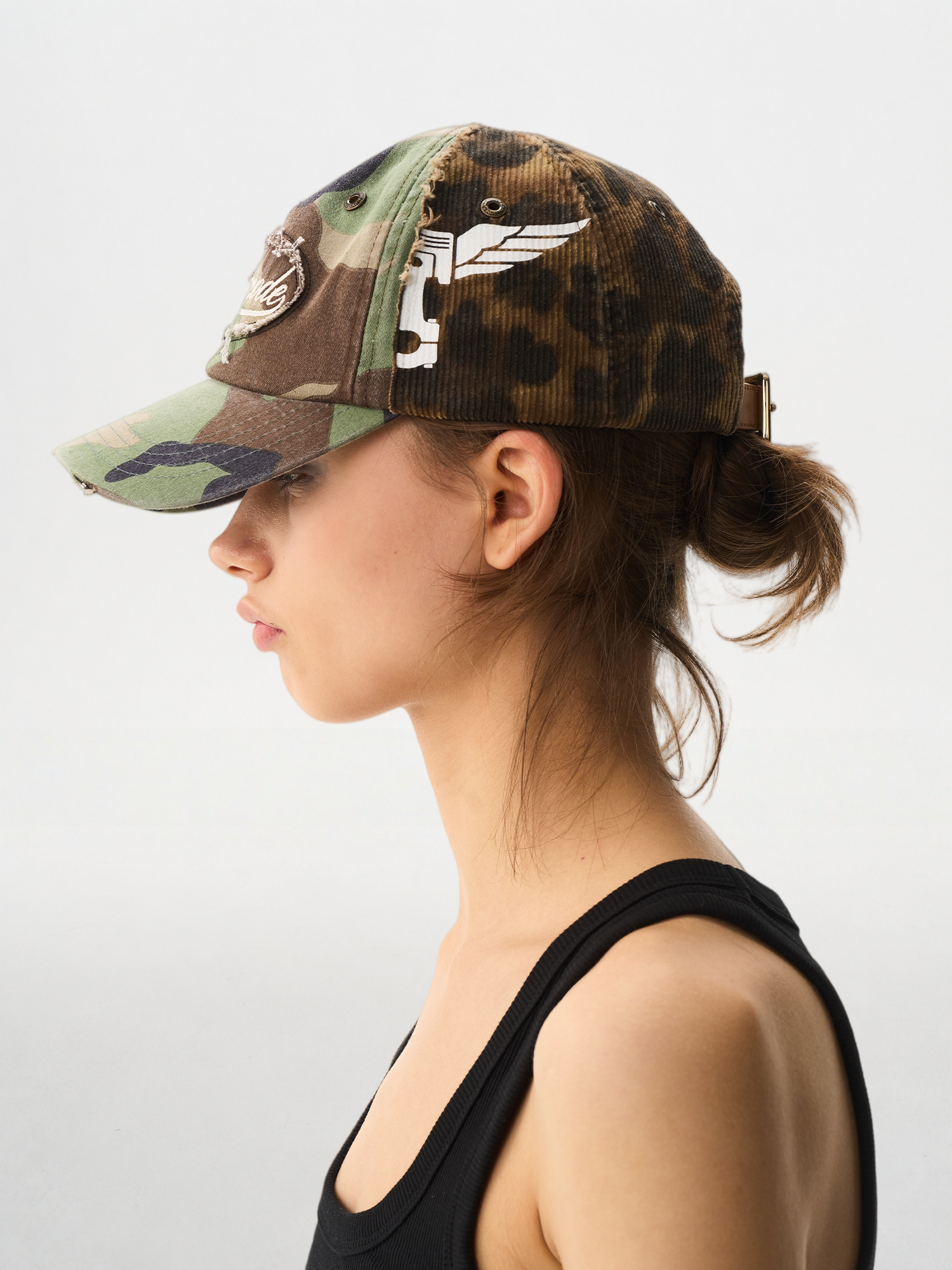 Washed Distressed Camo Leopard Raw-Edge Baseball Cap