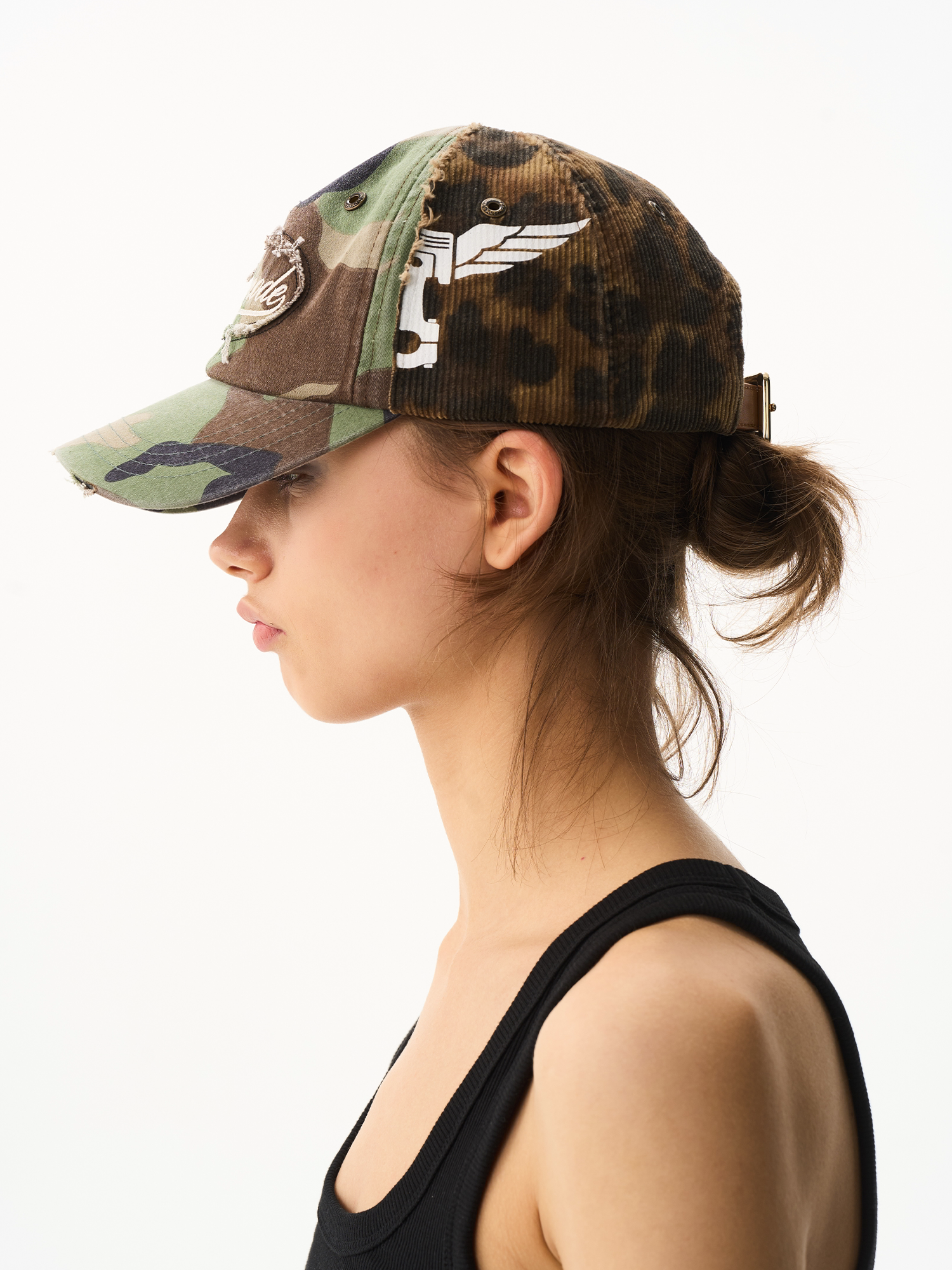 Washed Distressed Camo Leopard Raw-Edge Baseball Cap