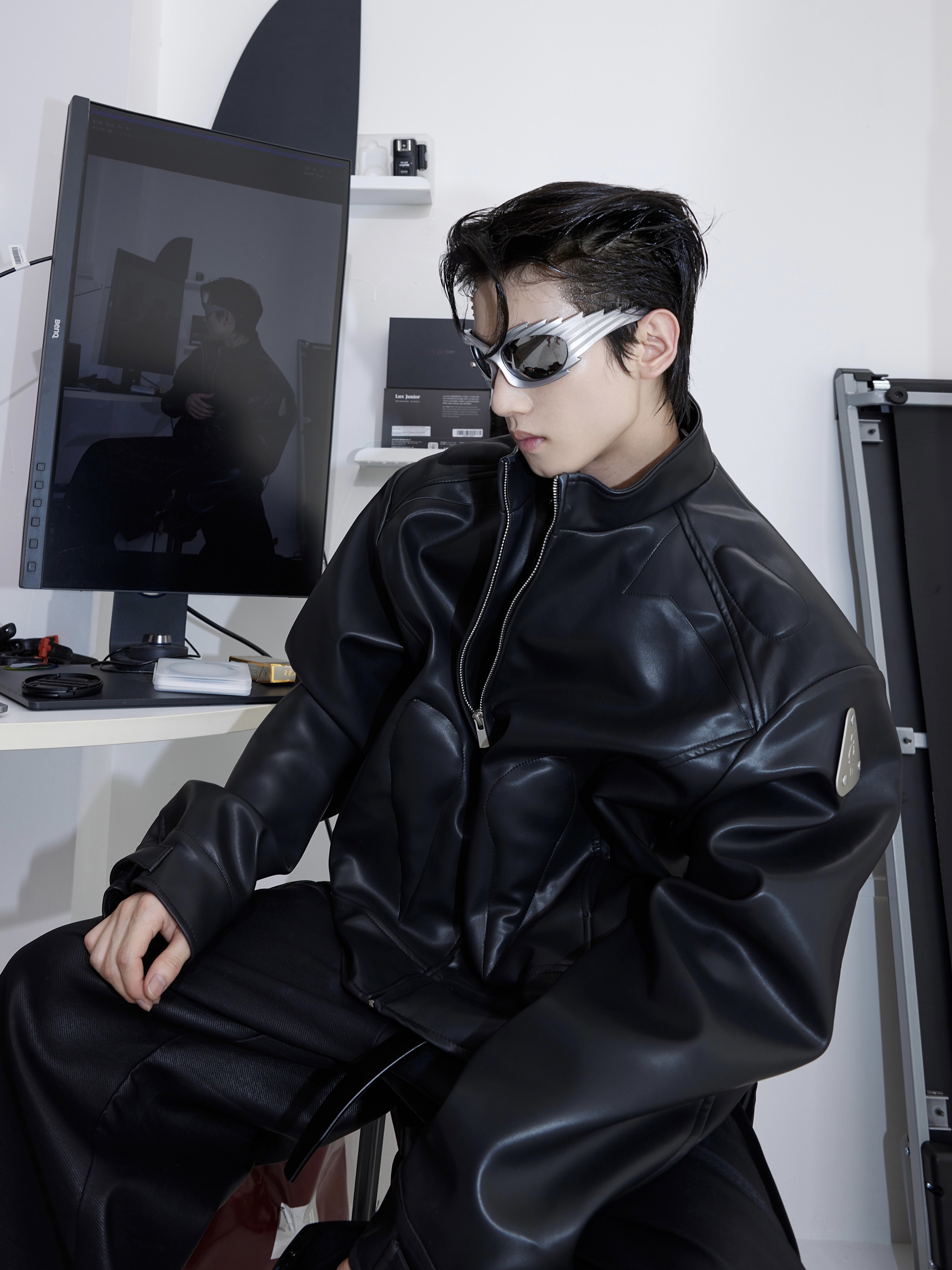 Sculptural Graphic Leather Jacket