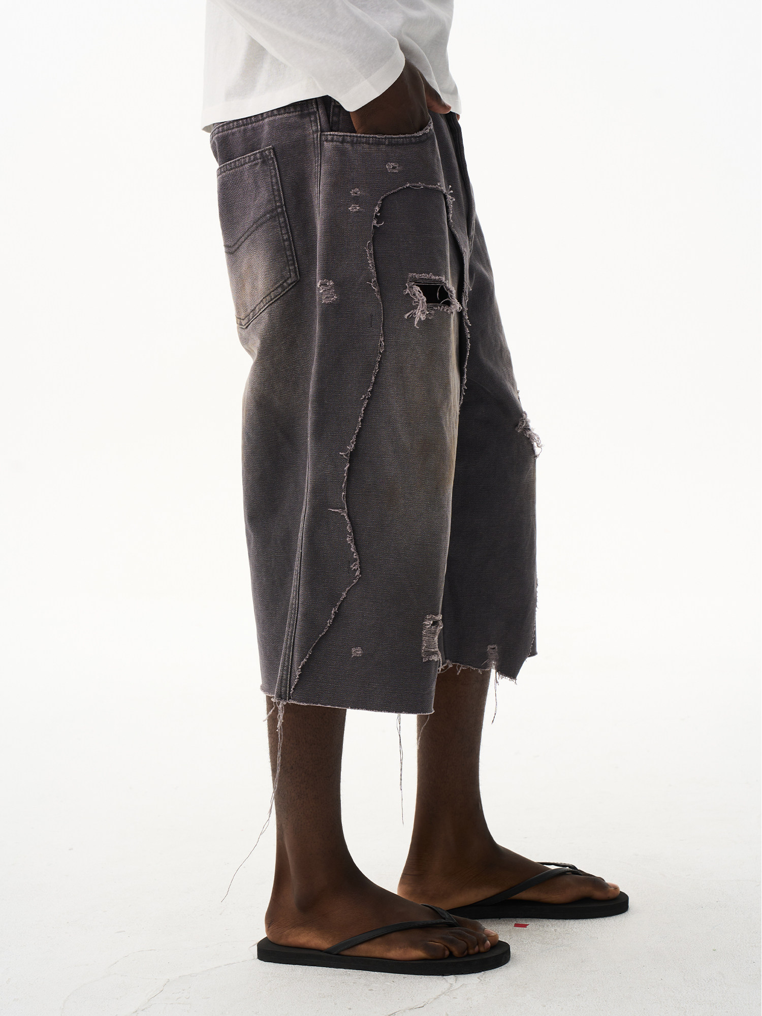 Double-Layer Distressed Washed Grey Shorts