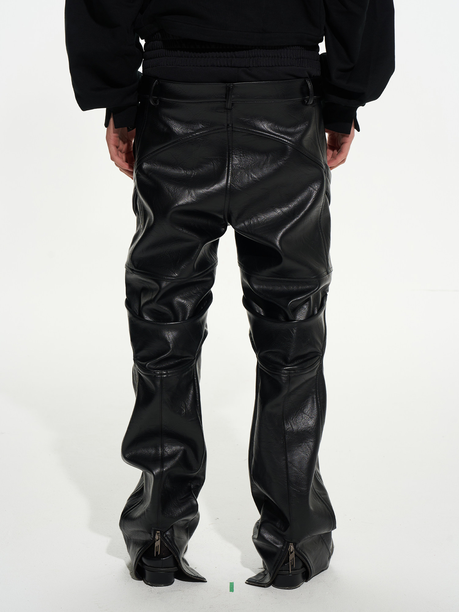 Asymmetric Motorcycle Stacked Double-Waist Leather Pants