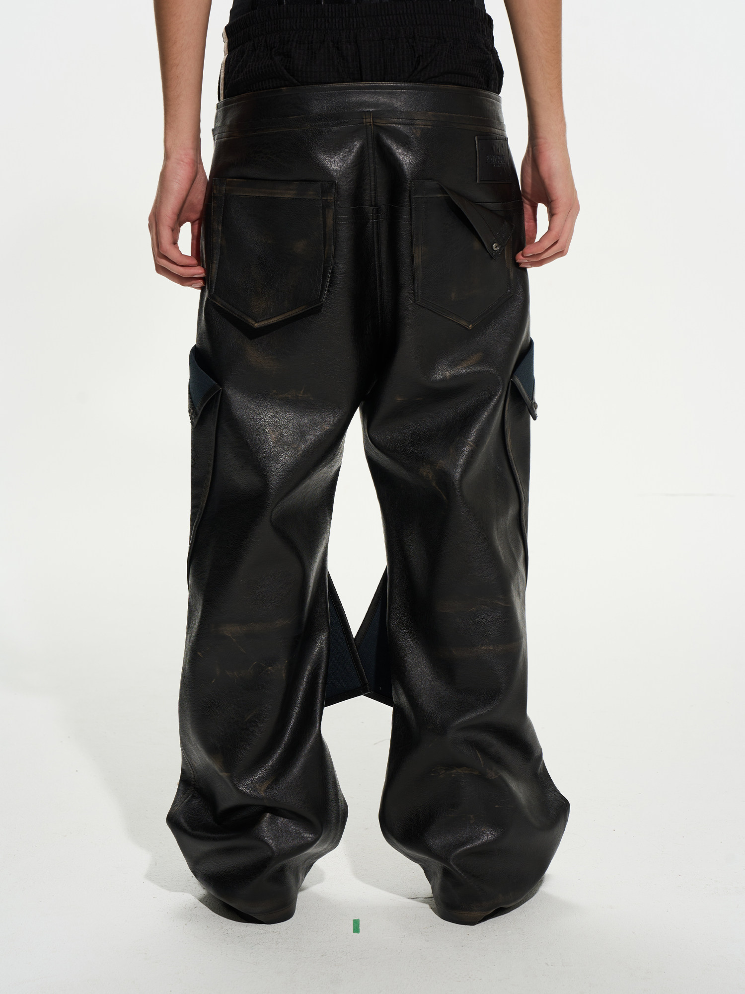 Double-Waist Distressed Fold-Over PU Pants