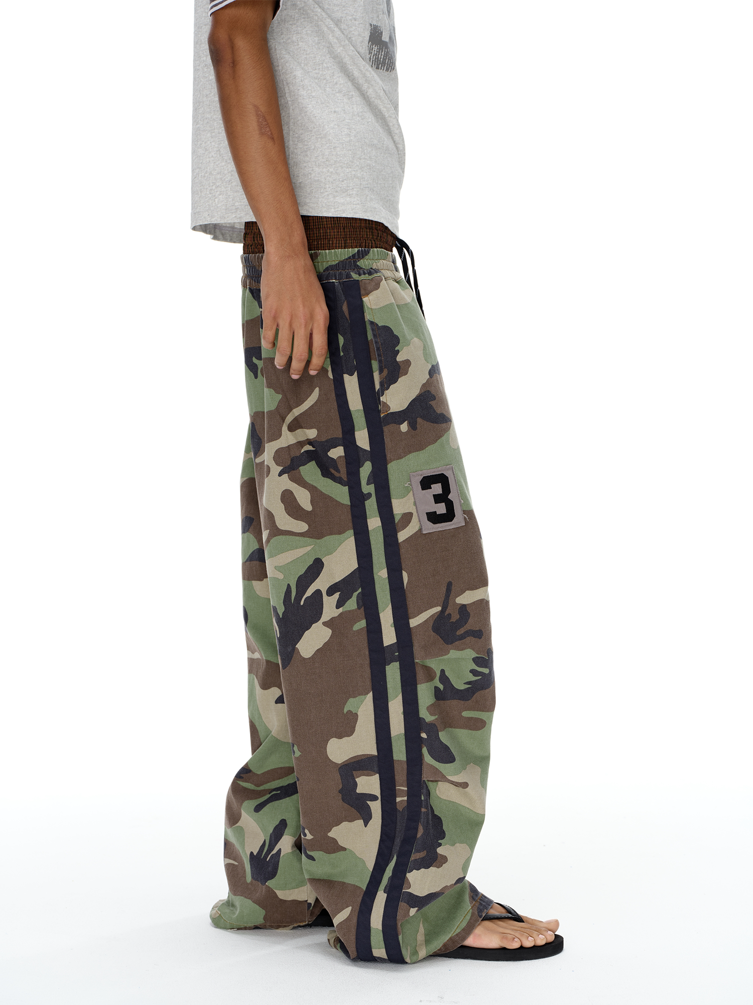 Double-Waist Pleated Camo Embroidered Badge Pants