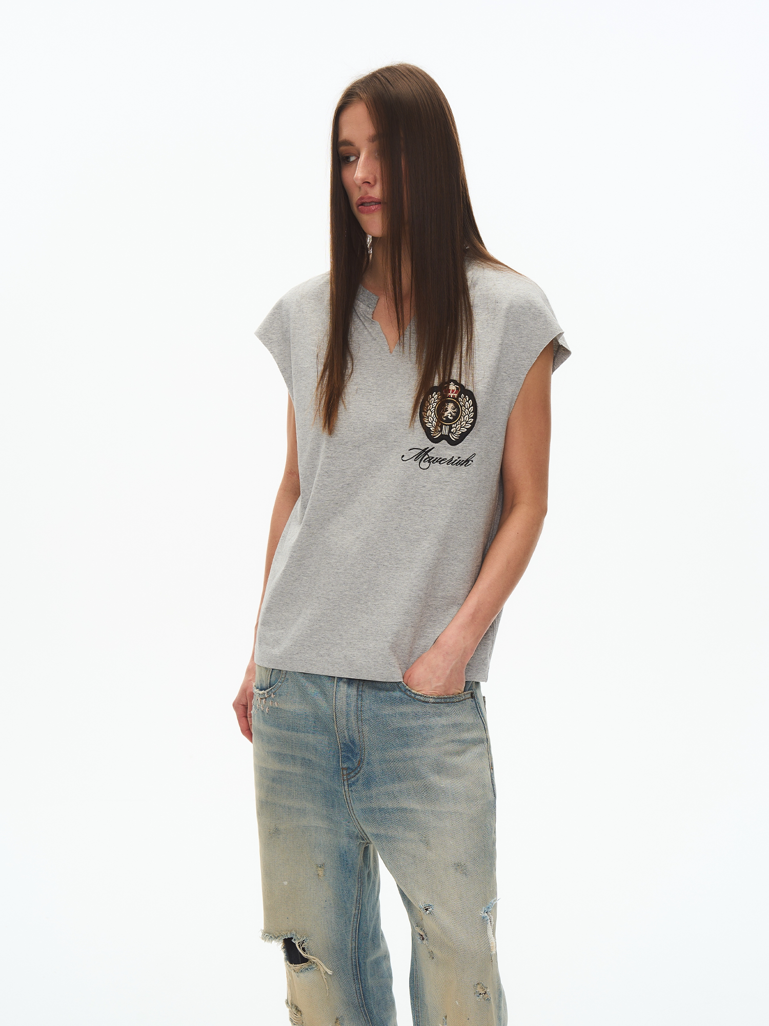 Sleeveless Raw-Edge Embroidered Badge T-Shirt