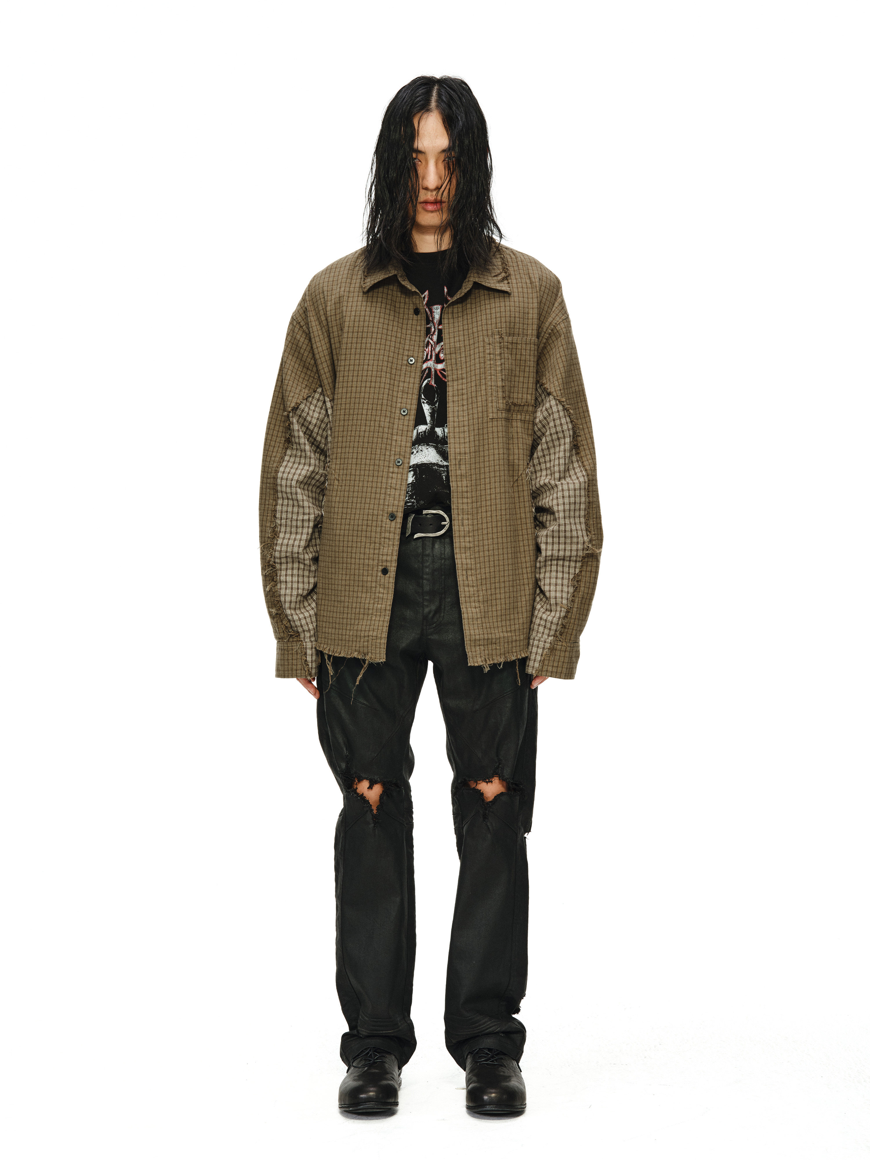 Patchwork Plaid Pocket Frayed Washed Shirt