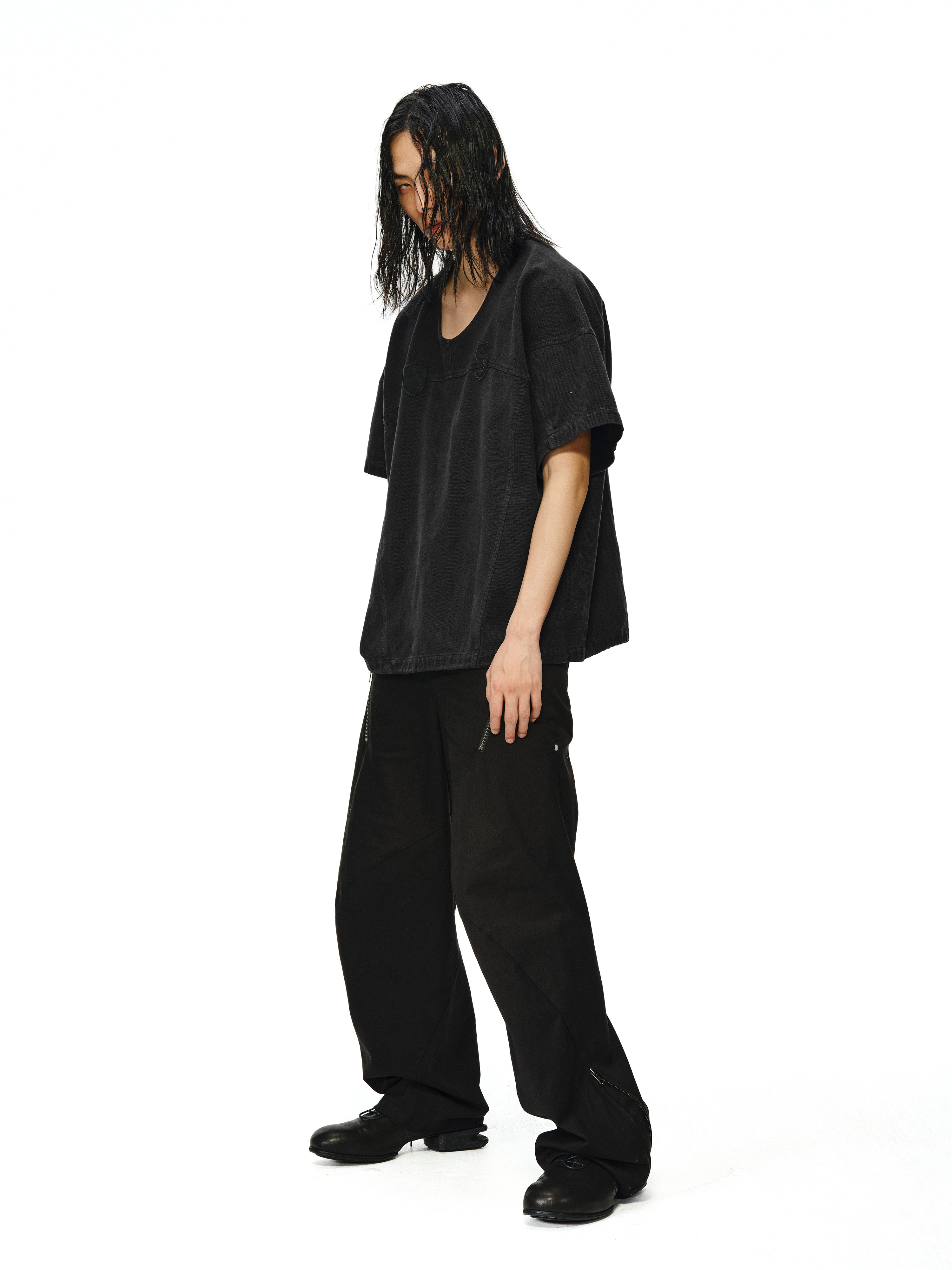 Oil-Stained V-Neck Drawstring Baseball Tee