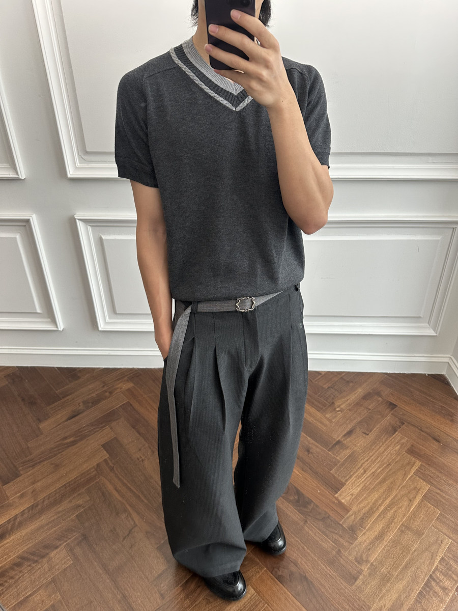 Ash Double-Pleat Detachable Belt Trousers