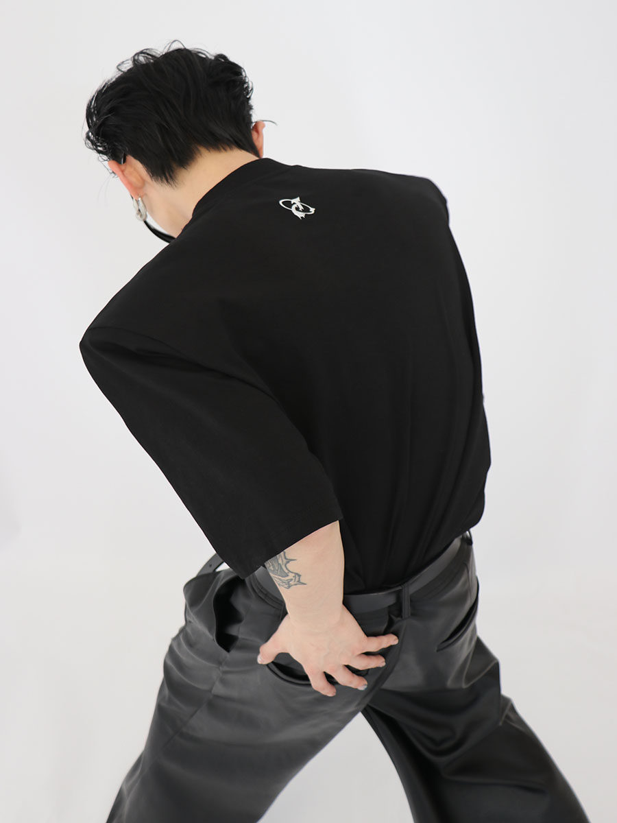 Metallic Bead Embellished Shoulder-Padded Short Sleeve Tee