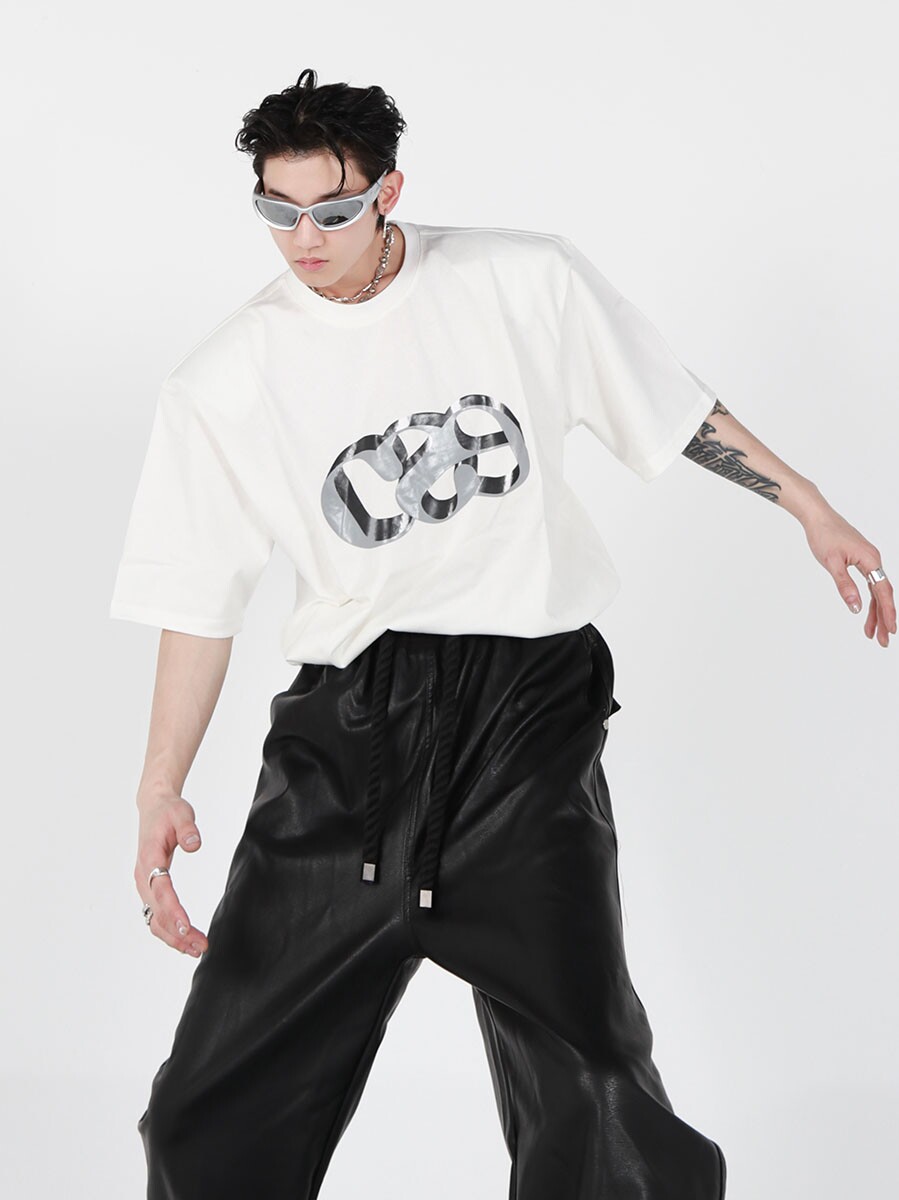 Metallic Letter Print Shoulder-Padded Tee