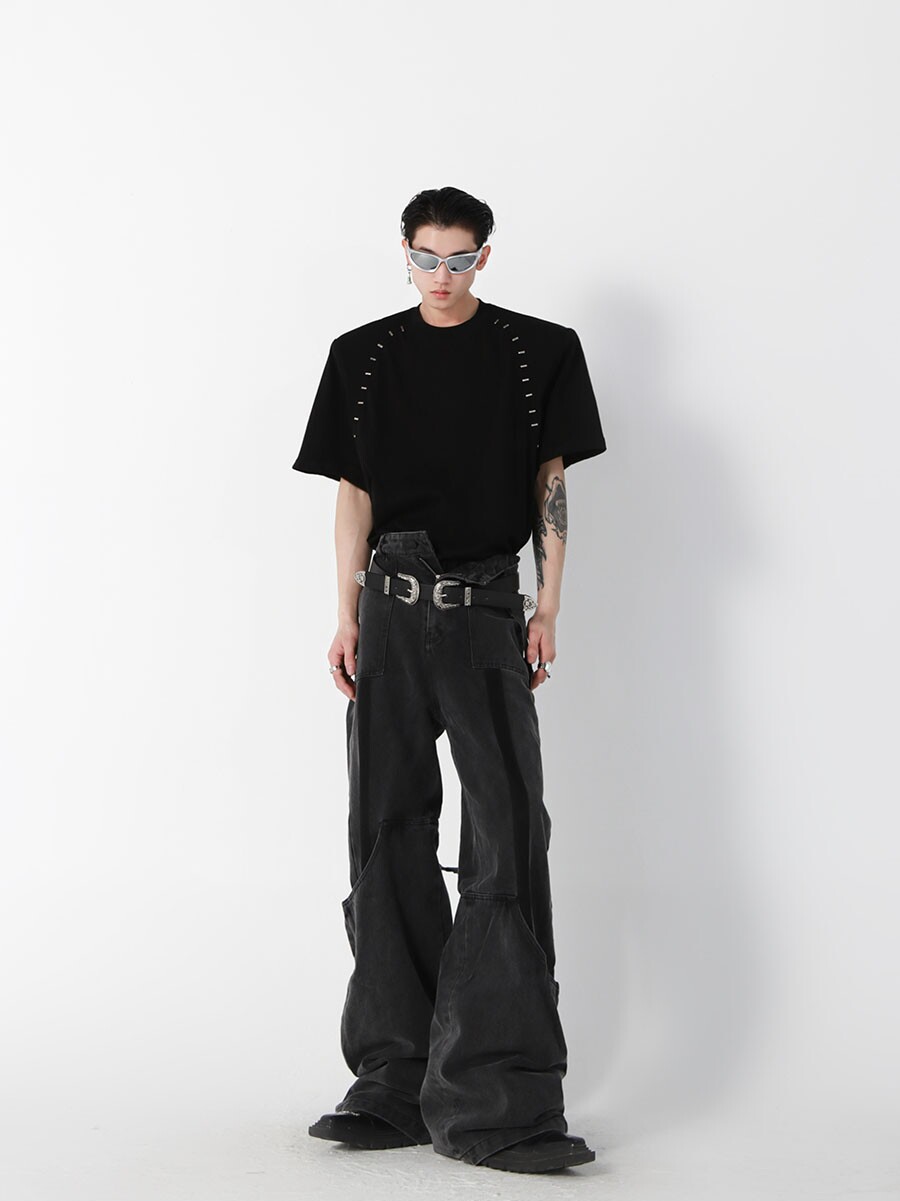 Metallic Bead-Trimmed Shoulder-Padded Short Sleeve