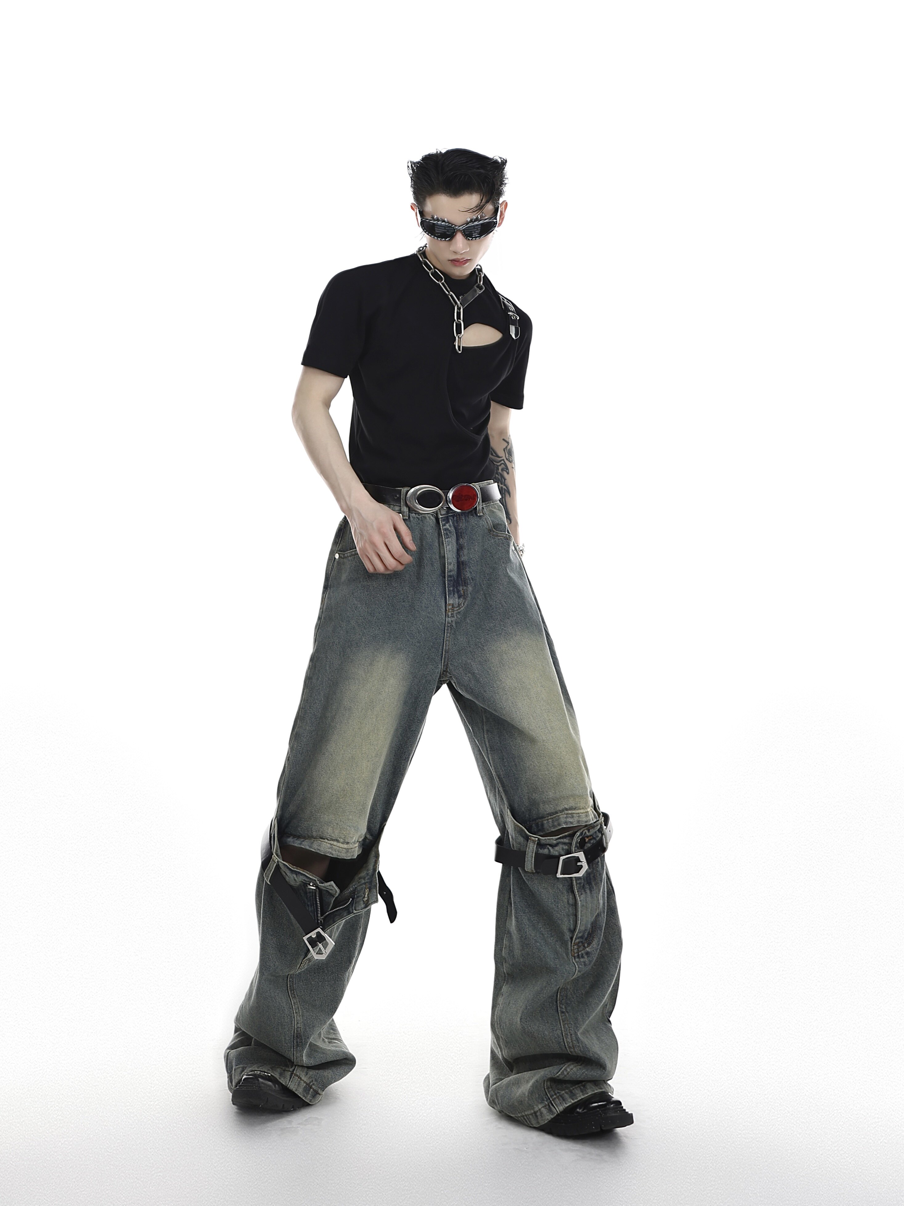 Hollow-Out Cutout Washed Distressed Jeans