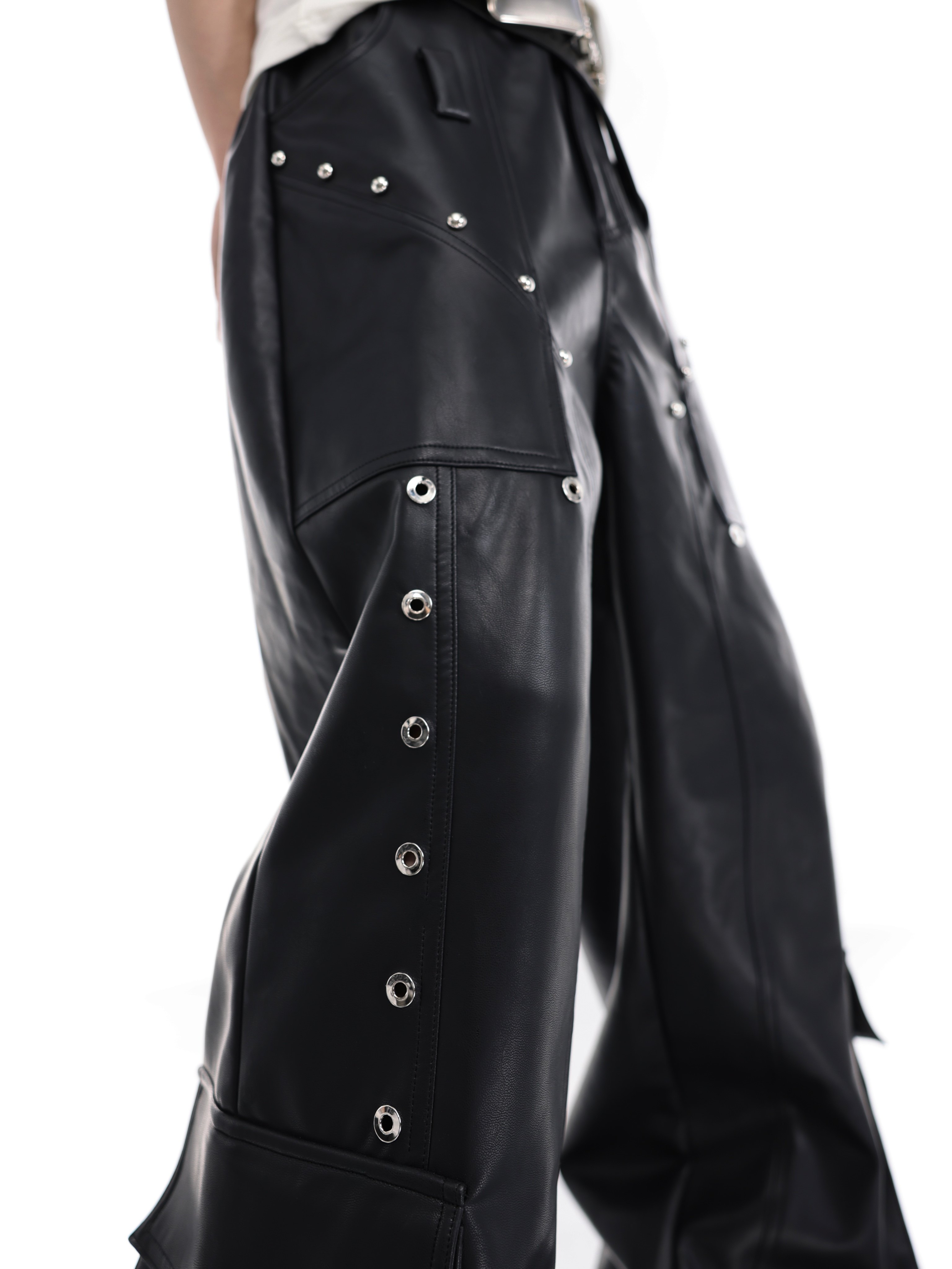 Metal Accented Utility Leather Pants