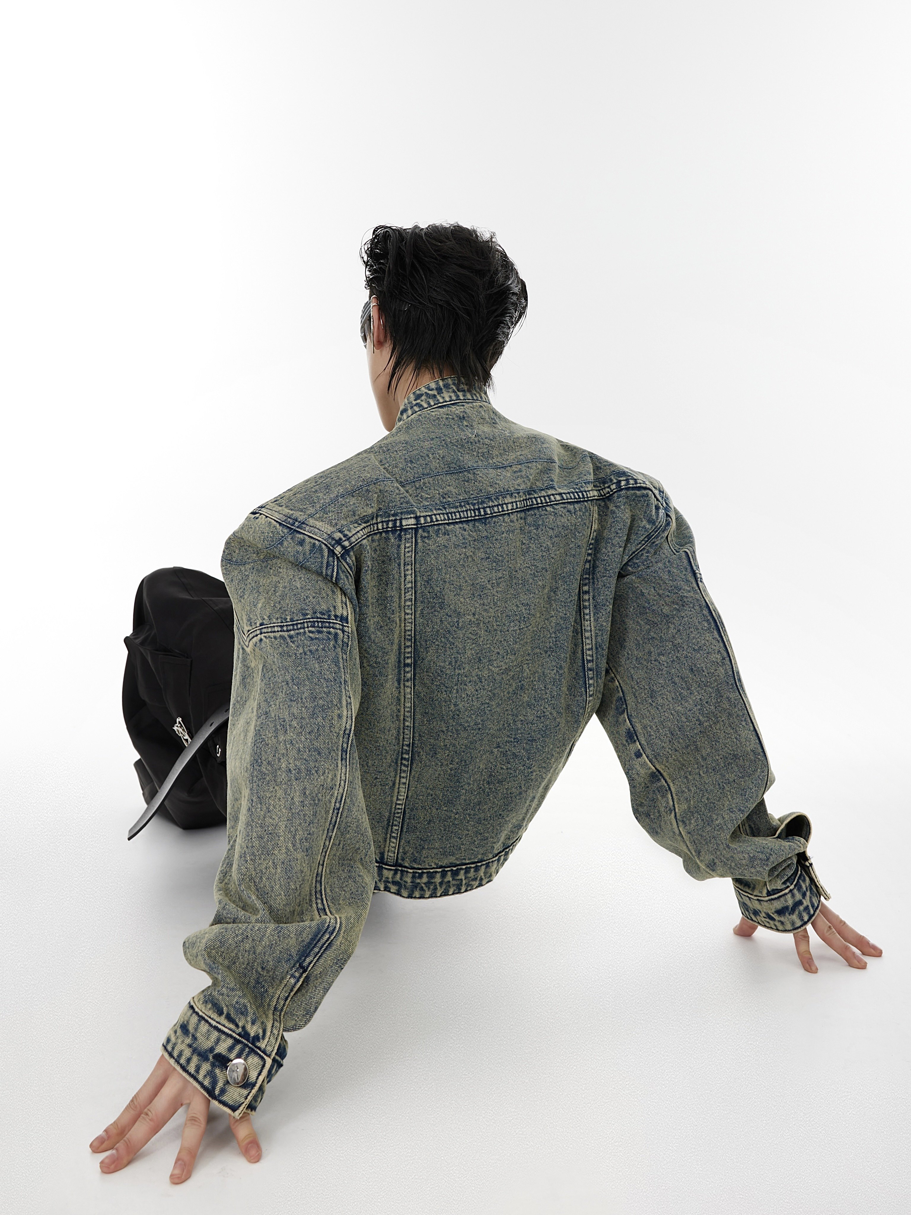 Vintage Washed Distressed Cropped Denim Jacket with Padded Shoulders