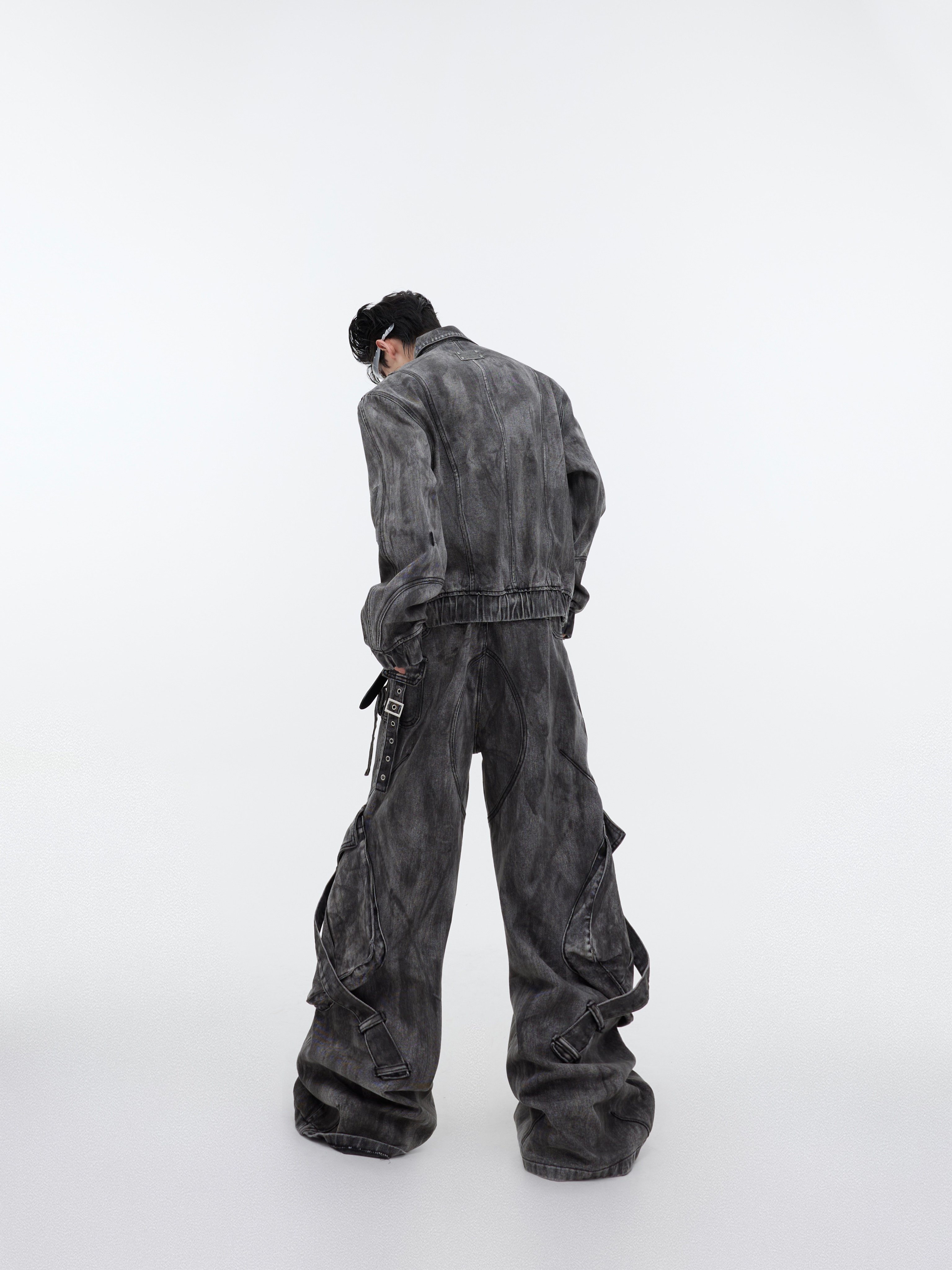 Vintage Washed Distressed Zip-Pocket Denim Jacket & Pants Set  
