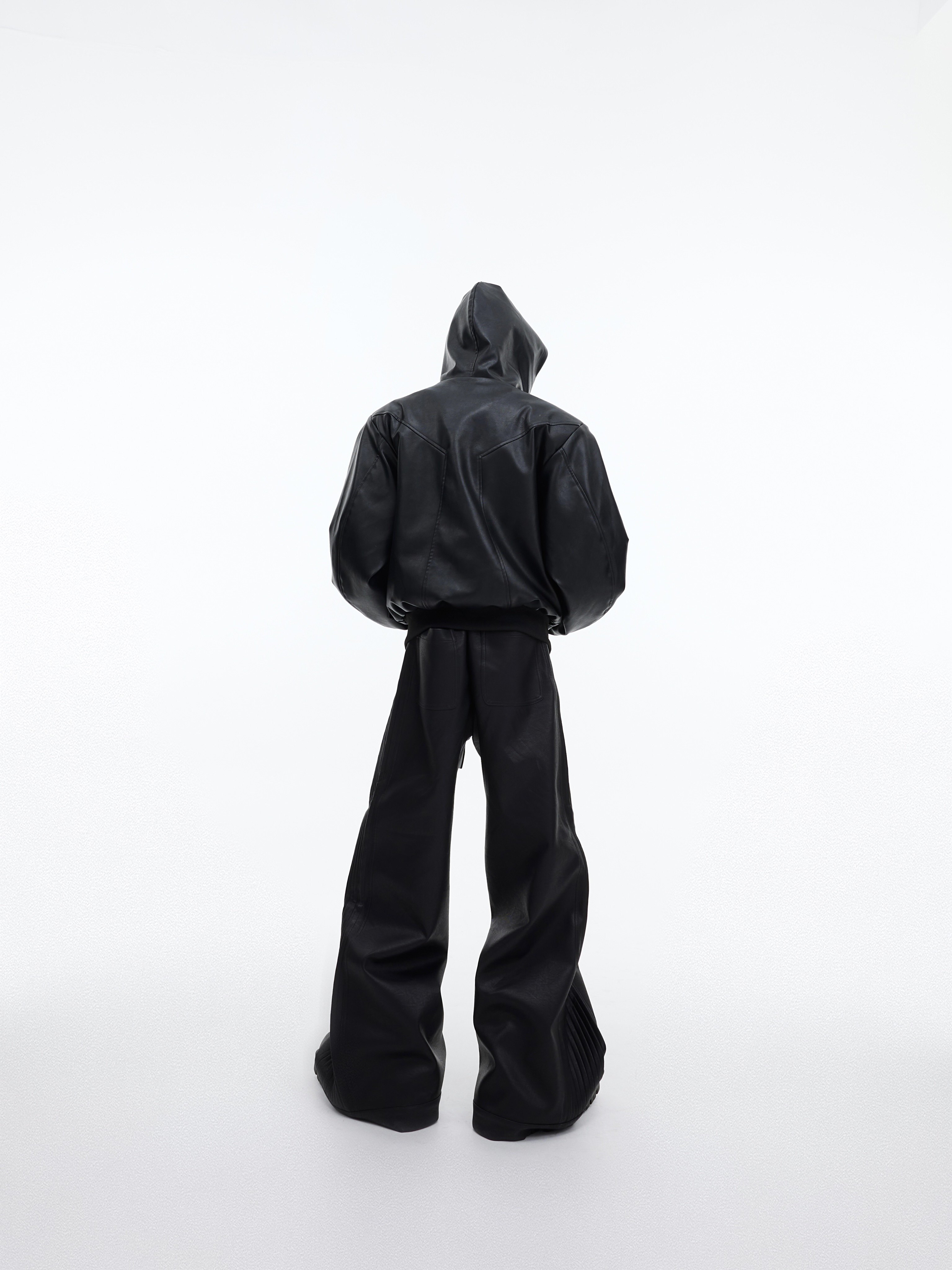 Pleated Loose Straight-Leg Leather Pants