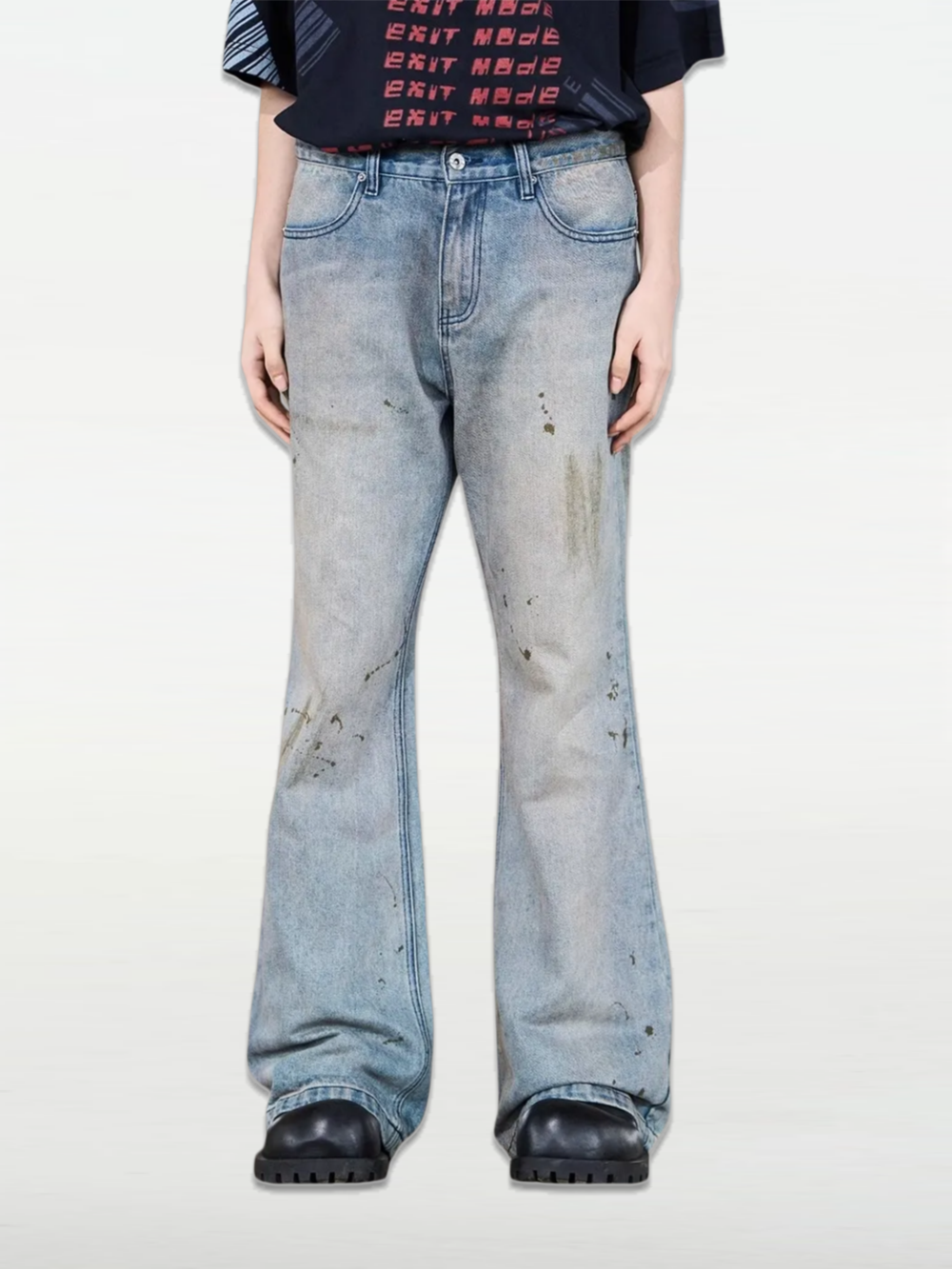 Distressed Washed Ink-splatter Flared Jeans