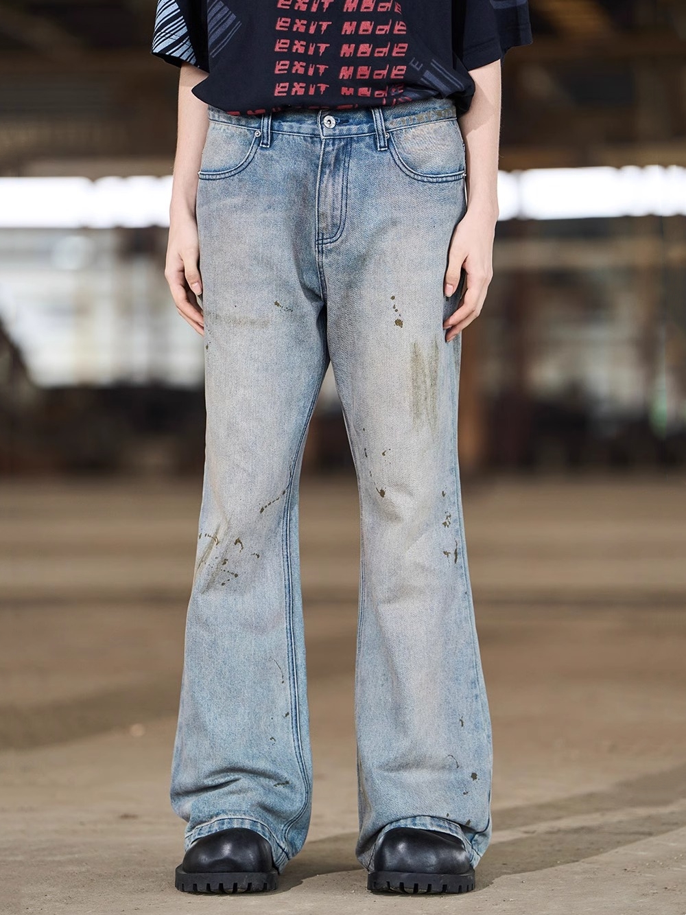 BLINDNOPLAN 24SS Distressed Washed Ink-splatter Flared Jeans