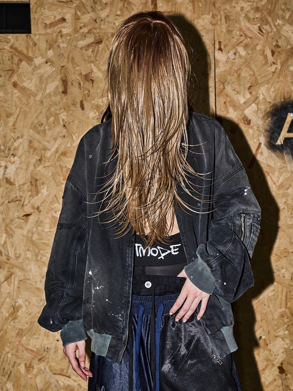 EXITMODE BY BLINDNOPLAN Washed Distressed Paint-Splatter Bomber Jacket