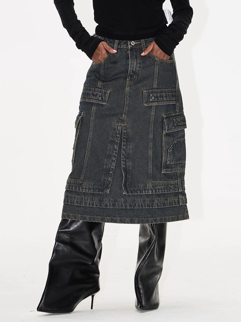 BLINDNOPLAN 25SS Metal Patchwork Distressed Utility Denim Skirt