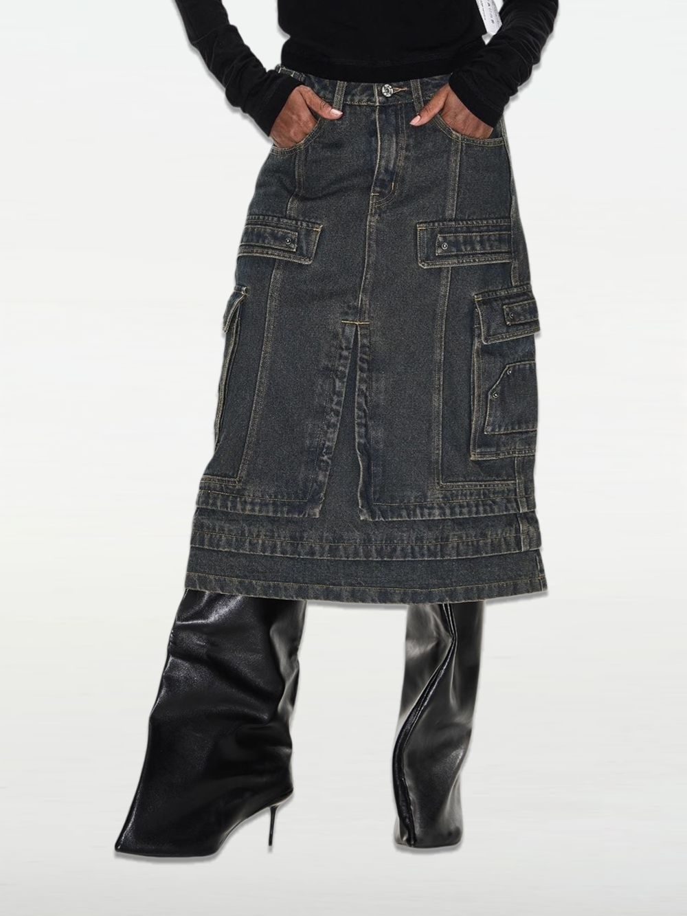 Metal Patchwork Distressed Utility Denim Skirt
