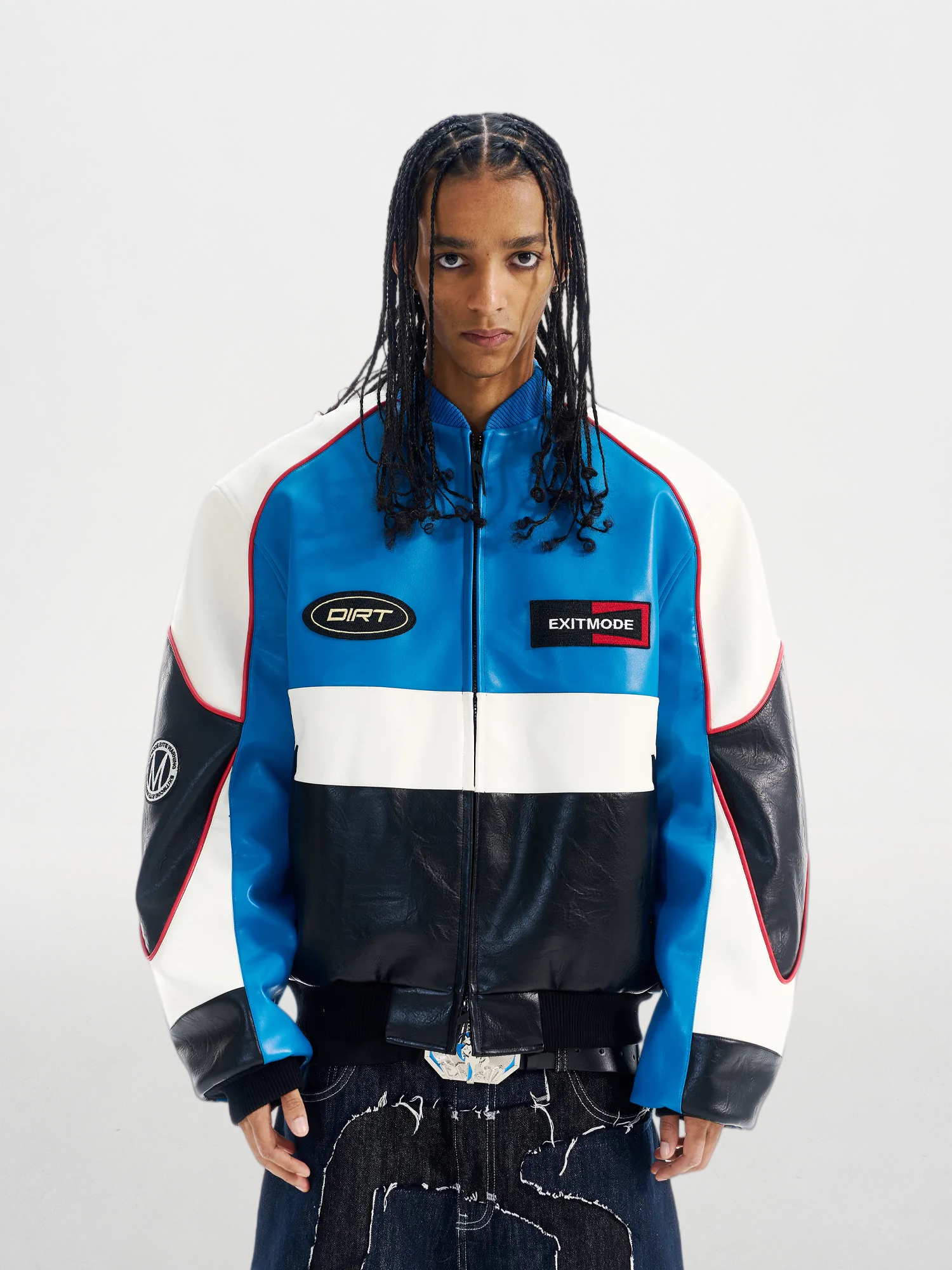 Color-Block Embroidered Oversized Leather Cotton Jacket