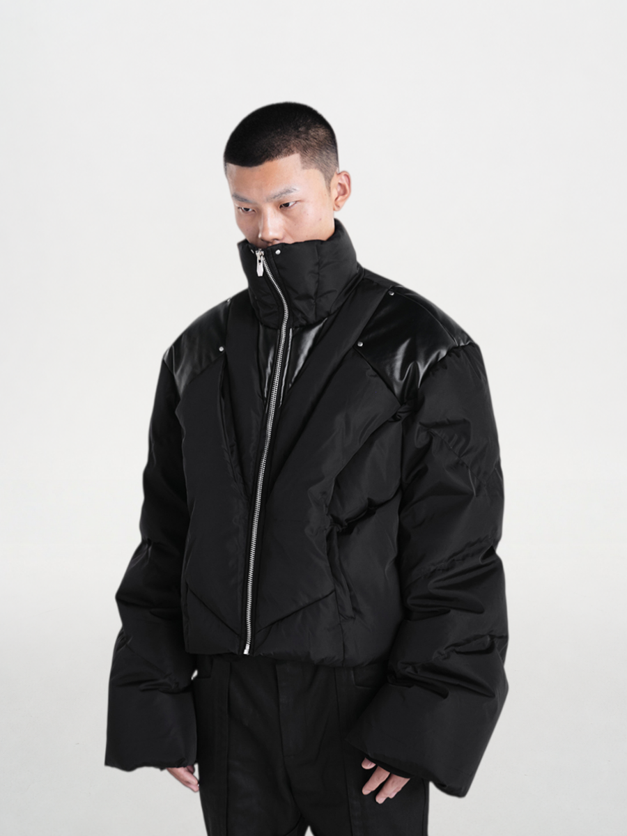 Flared Sleeve Leather-Paneled Hollow Down Cotton Jacket