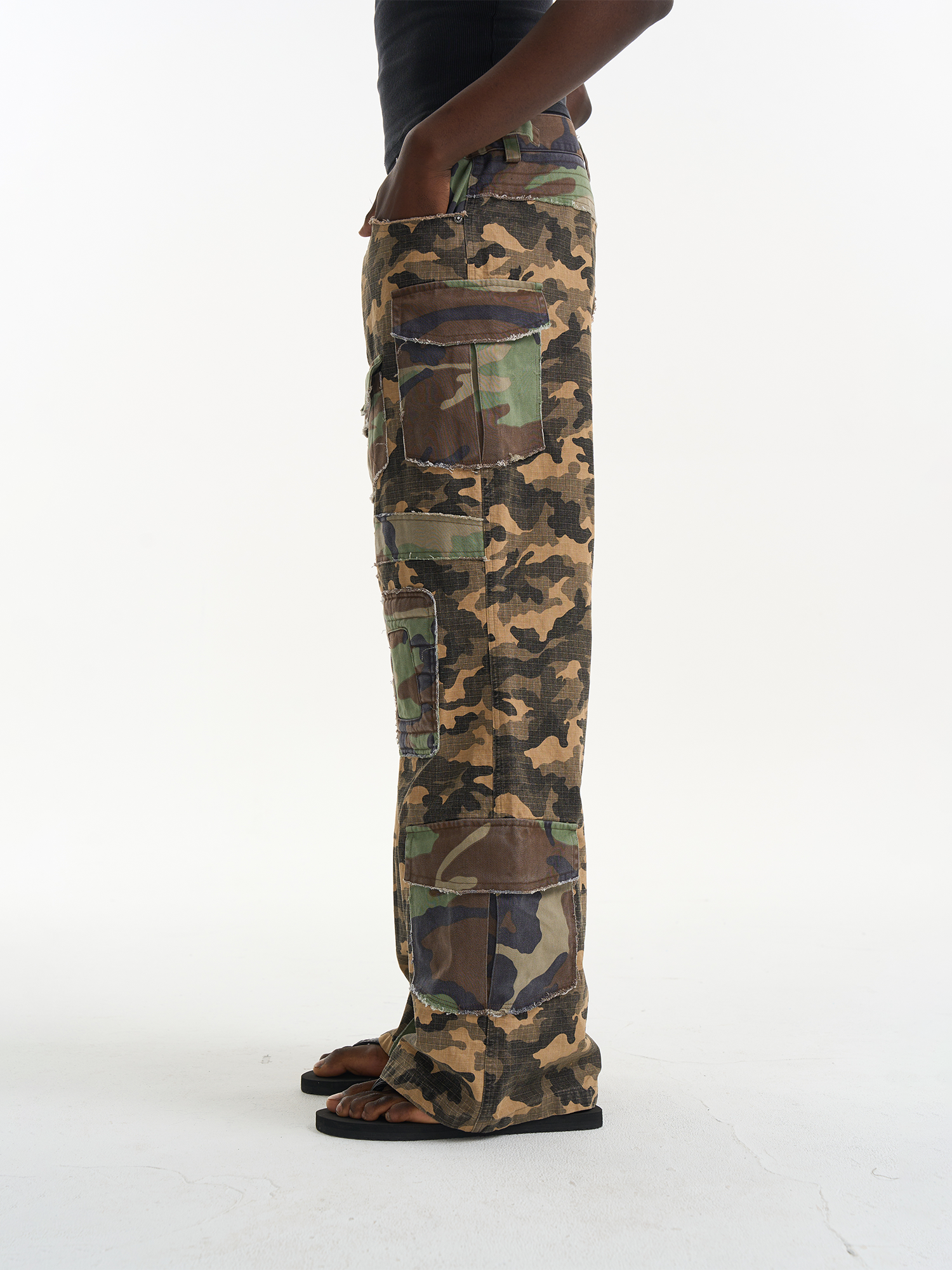 Washed Raw-Edge Camo Paneled Work Bootcut Pants